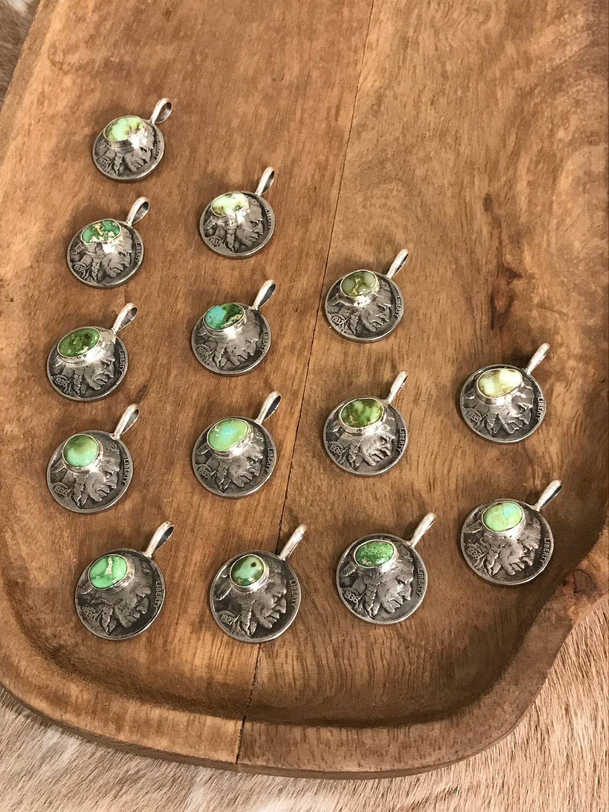 The Buffalo Nickel Pendants in Green Turquoise-Pendants-Calli Co., Turquoise and Silver Jewelry, Native American Handmade, Zuni Tribe, Navajo Tribe, Brock Texas
