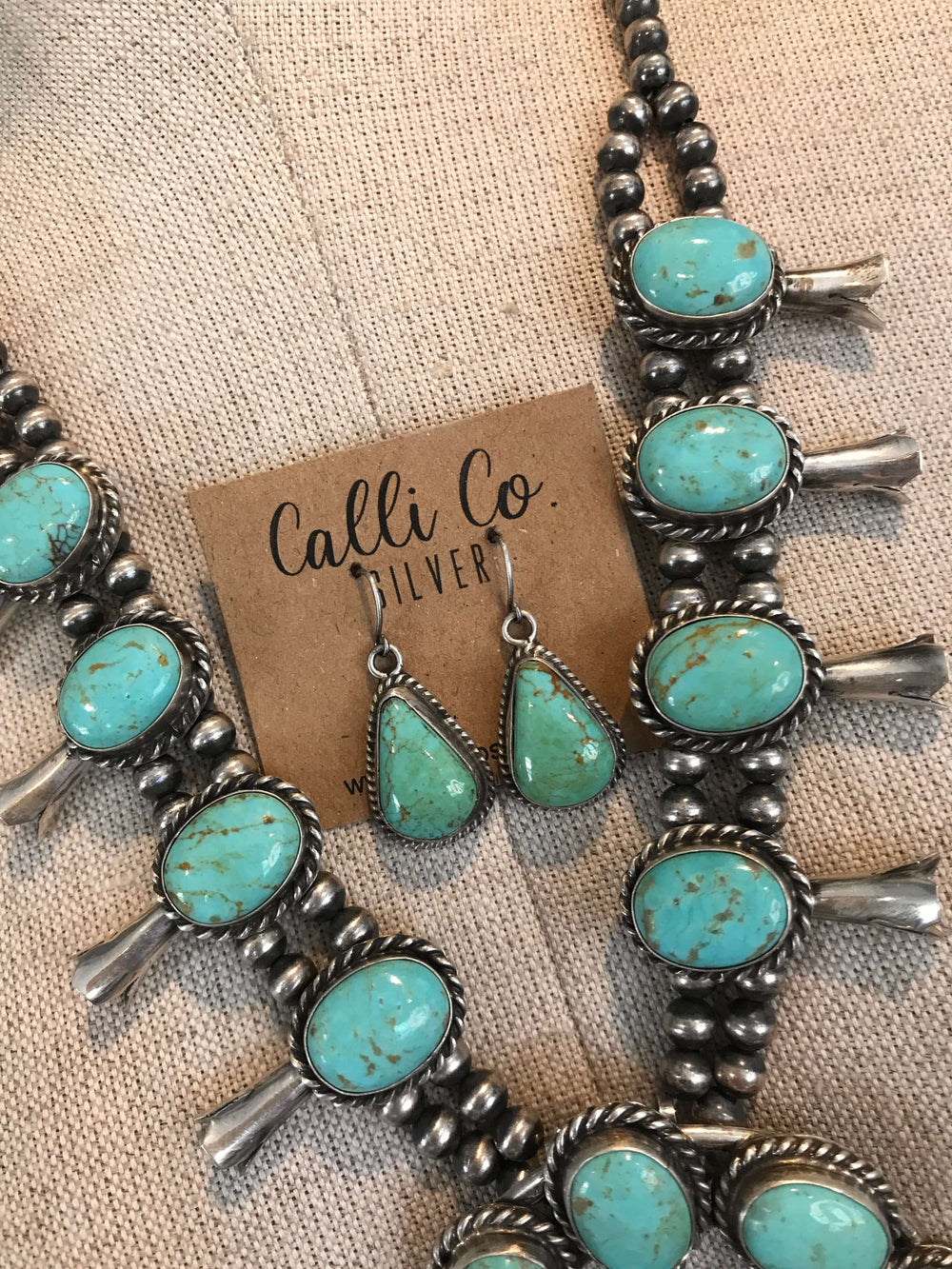 The Lenora Turquoise Squash Blossom Necklace Set-Necklaces-Calli Co., Turquoise and Silver Jewelry, Native American Handmade, Zuni Tribe, Navajo Tribe, Brock Texas