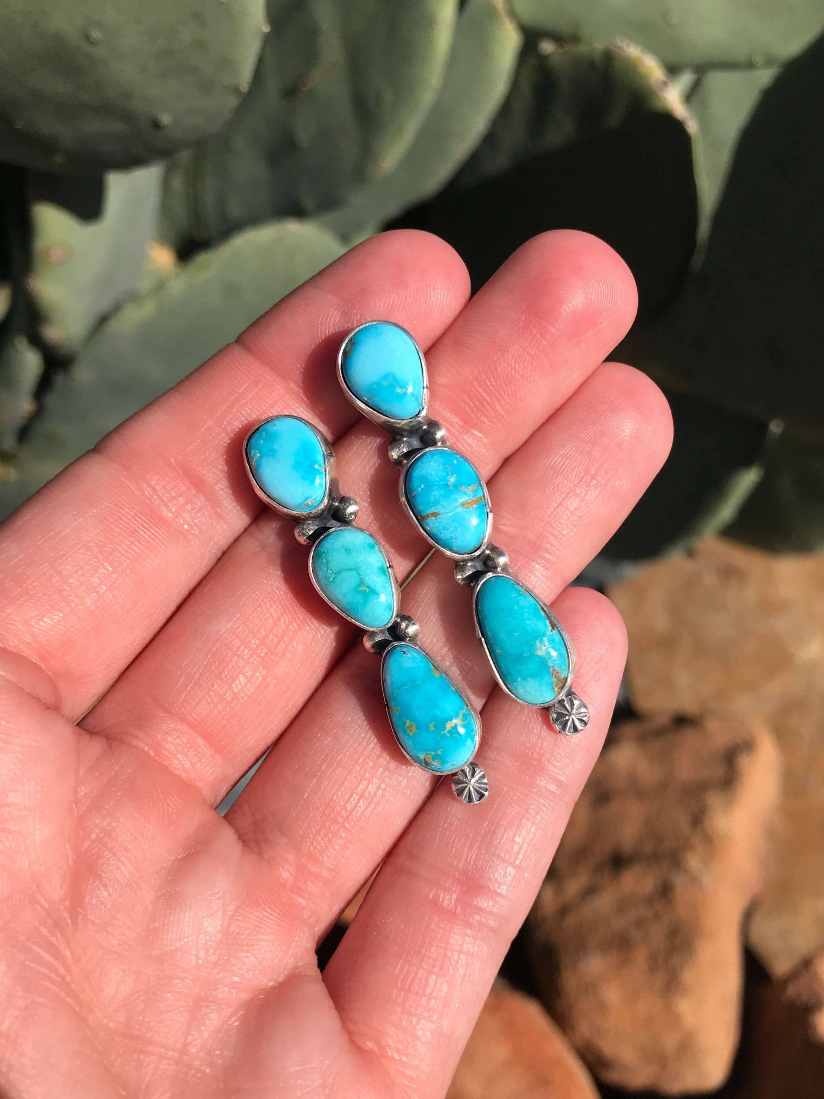 The Tarryall Turquoise Earrings, 1-Earrings-Calli Co., Turquoise and Silver Jewelry, Native American Handmade, Zuni Tribe, Navajo Tribe, Brock Texas