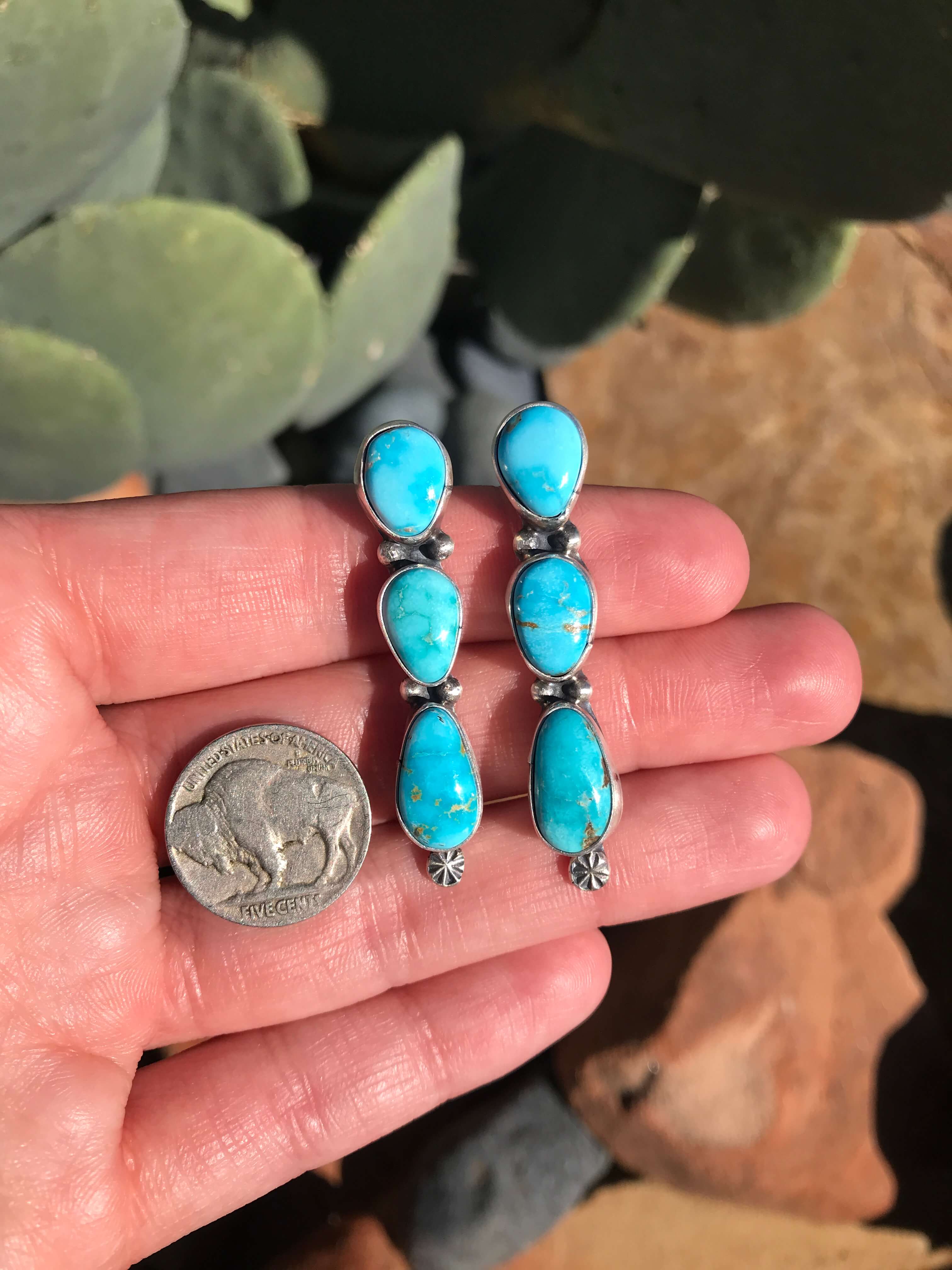 The Tarryall Turquoise Earrings, 1-Earrings-Calli Co., Turquoise and Silver Jewelry, Native American Handmade, Zuni Tribe, Navajo Tribe, Brock Texas