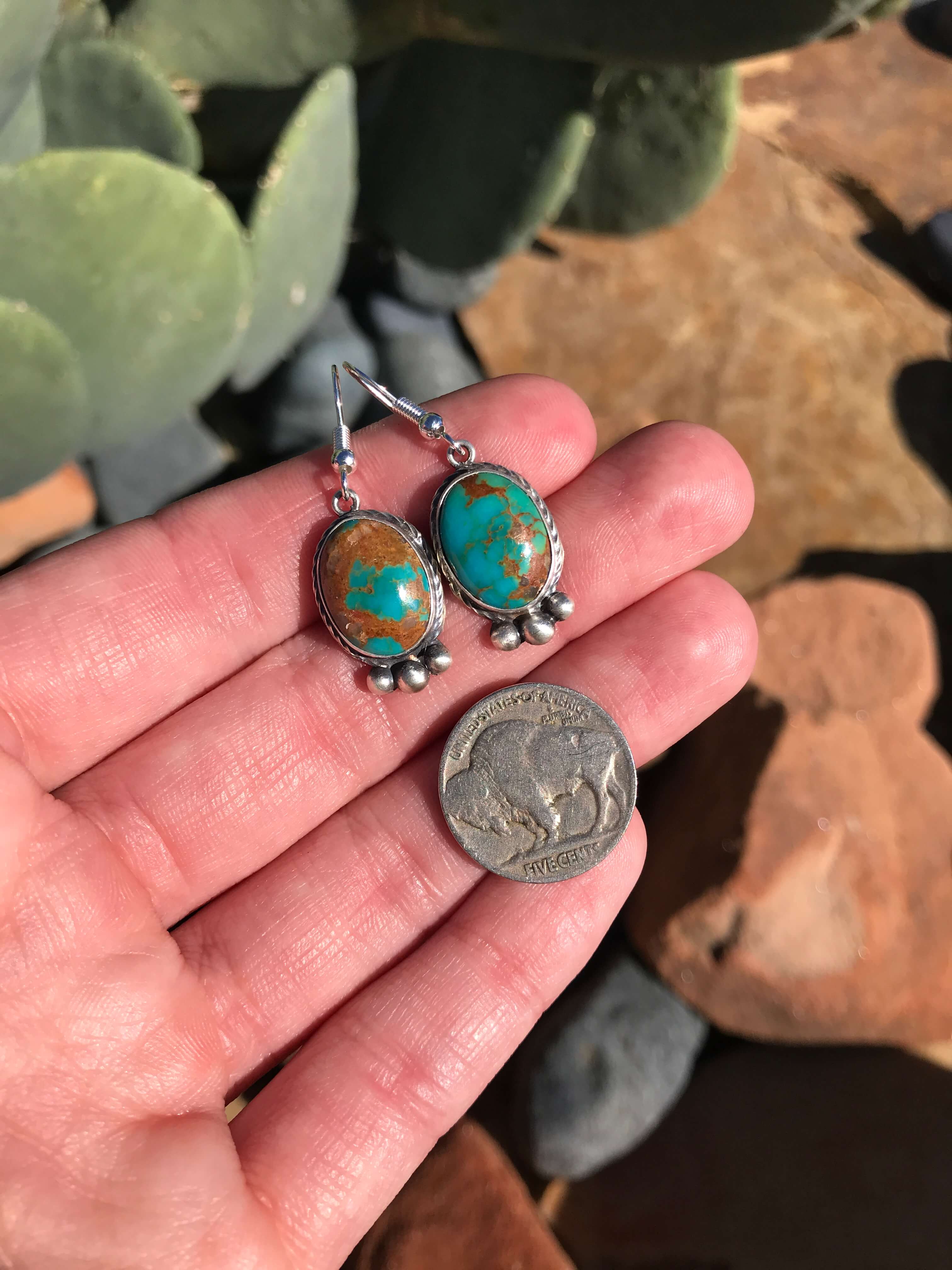 The Turquoise Dangle Earrings, 36-Earrings-Calli Co., Turquoise and Silver Jewelry, Native American Handmade, Zuni Tribe, Navajo Tribe, Brock Texas