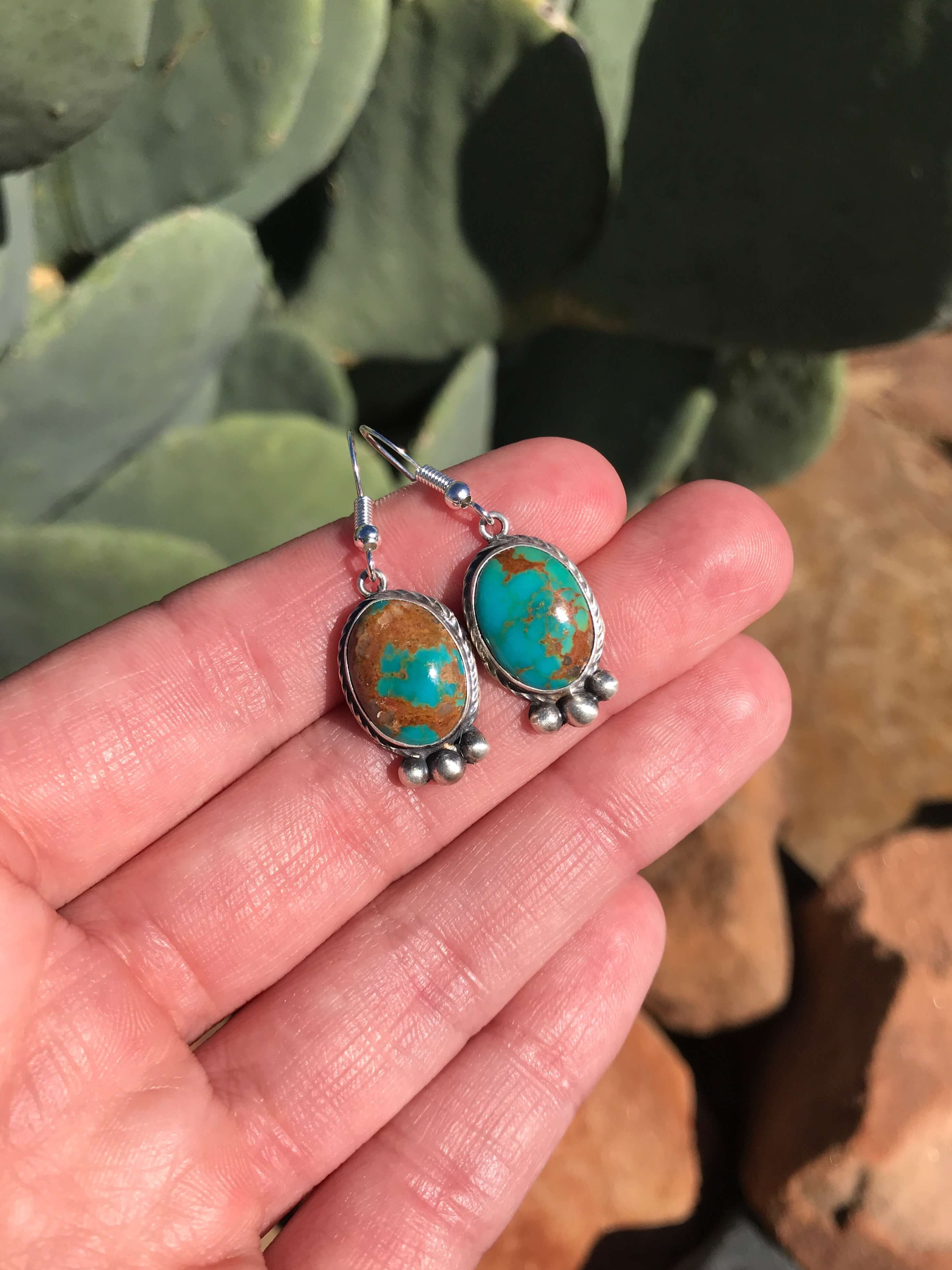 The Turquoise Dangle Earrings, 36-Earrings-Calli Co., Turquoise and Silver Jewelry, Native American Handmade, Zuni Tribe, Navajo Tribe, Brock Texas