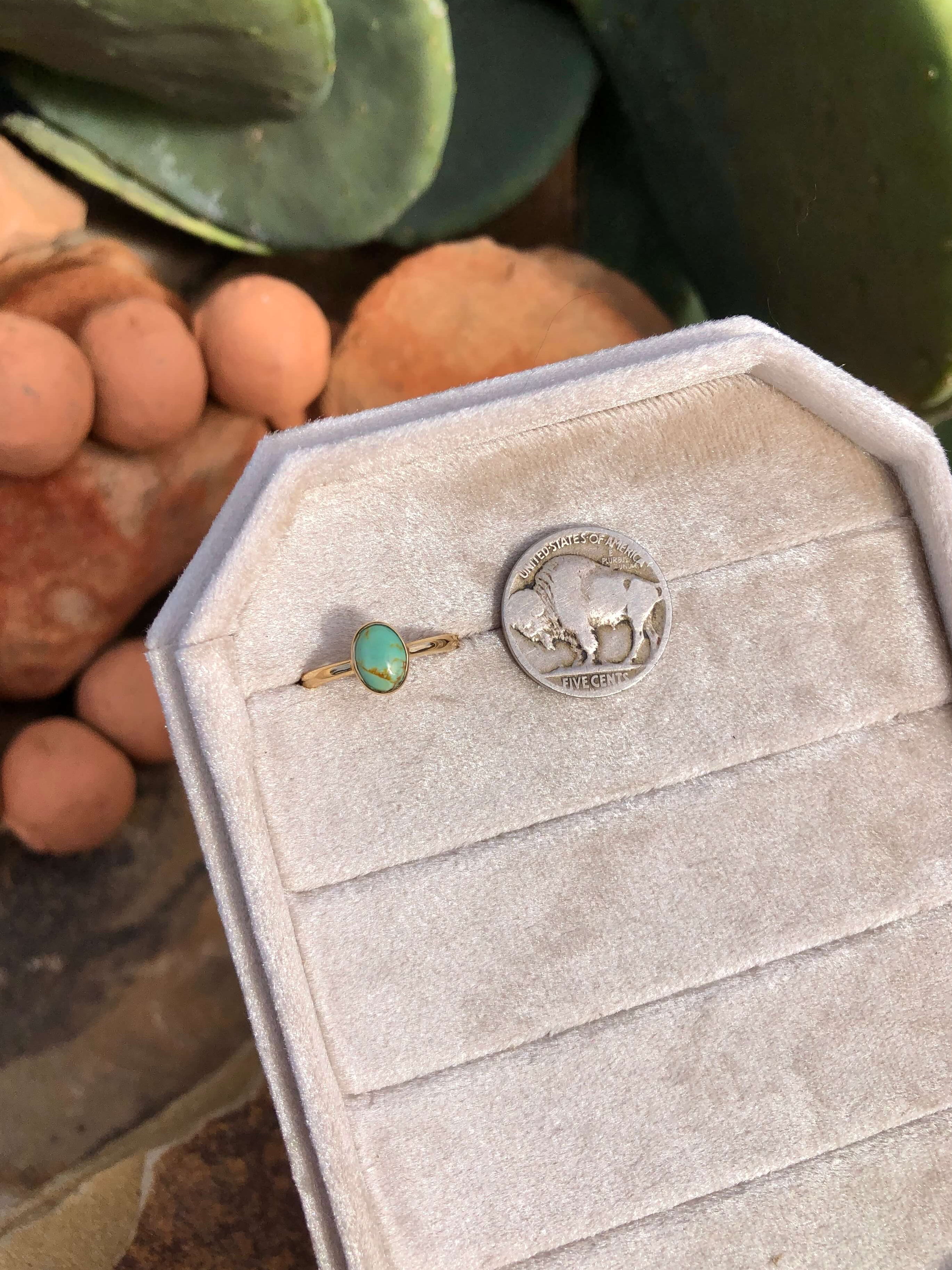 The London 14k and Turquoise Ring 15, Sz 7-Rings-Calli Co., Turquoise and Silver Jewelry, Native American Handmade, Zuni Tribe, Navajo Tribe, Brock Texas