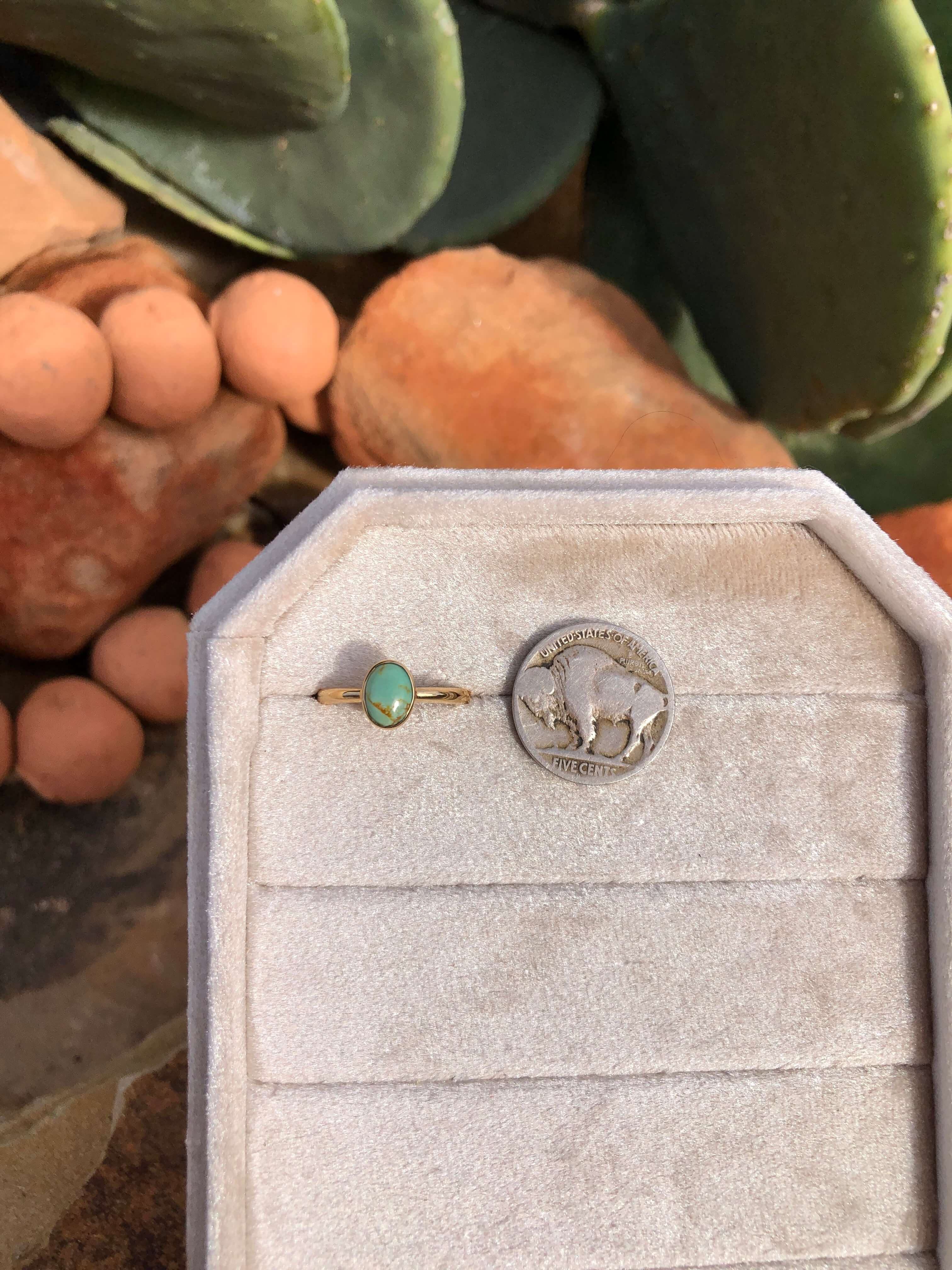 The London 14k and Turquoise Ring 15, Sz 7-Rings-Calli Co., Turquoise and Silver Jewelry, Native American Handmade, Zuni Tribe, Navajo Tribe, Brock Texas