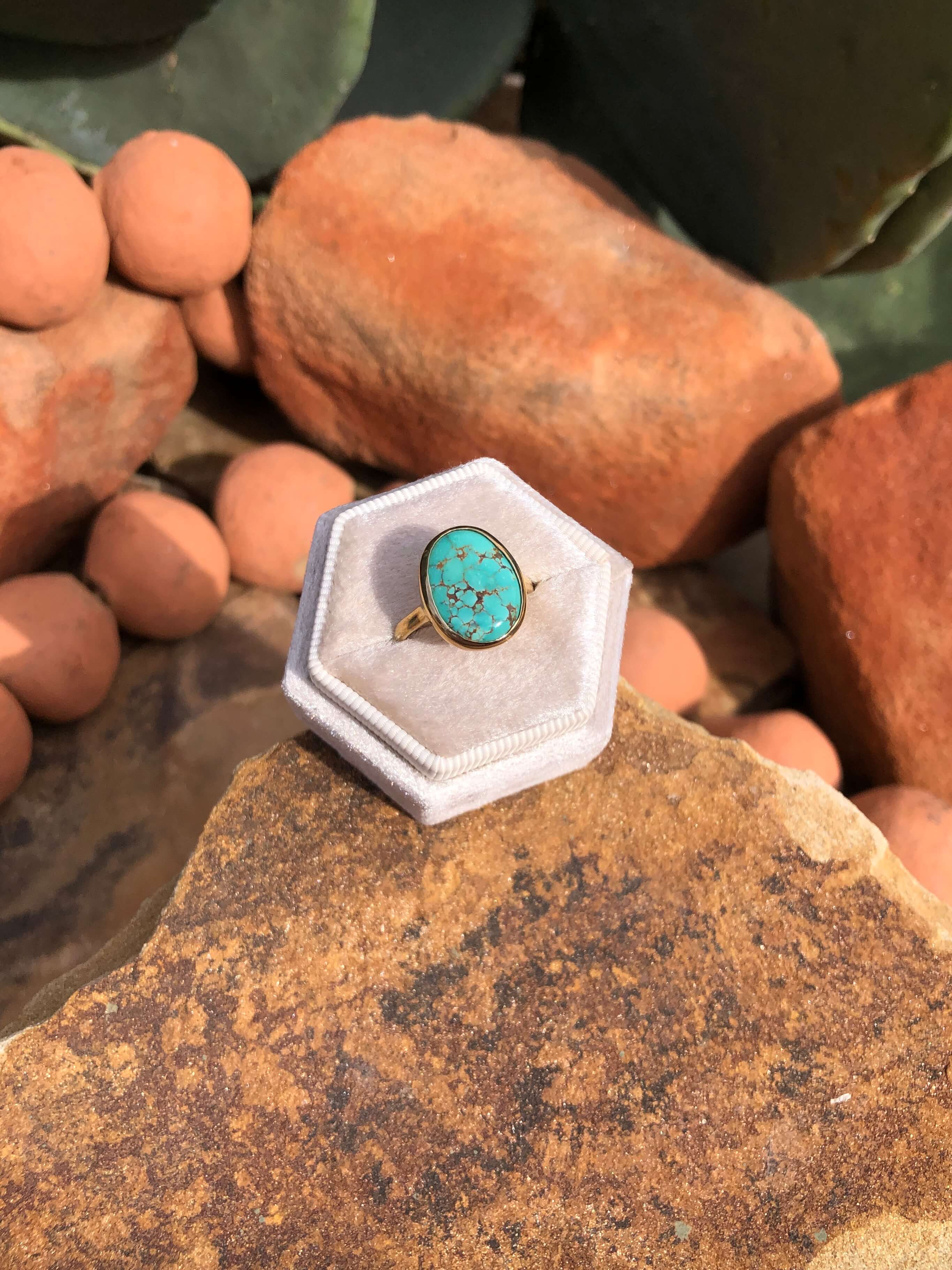 The London 14k and Turquoise Ring 18, Sz 7.5-Rings-Calli Co., Turquoise and Silver Jewelry, Native American Handmade, Zuni Tribe, Navajo Tribe, Brock Texas