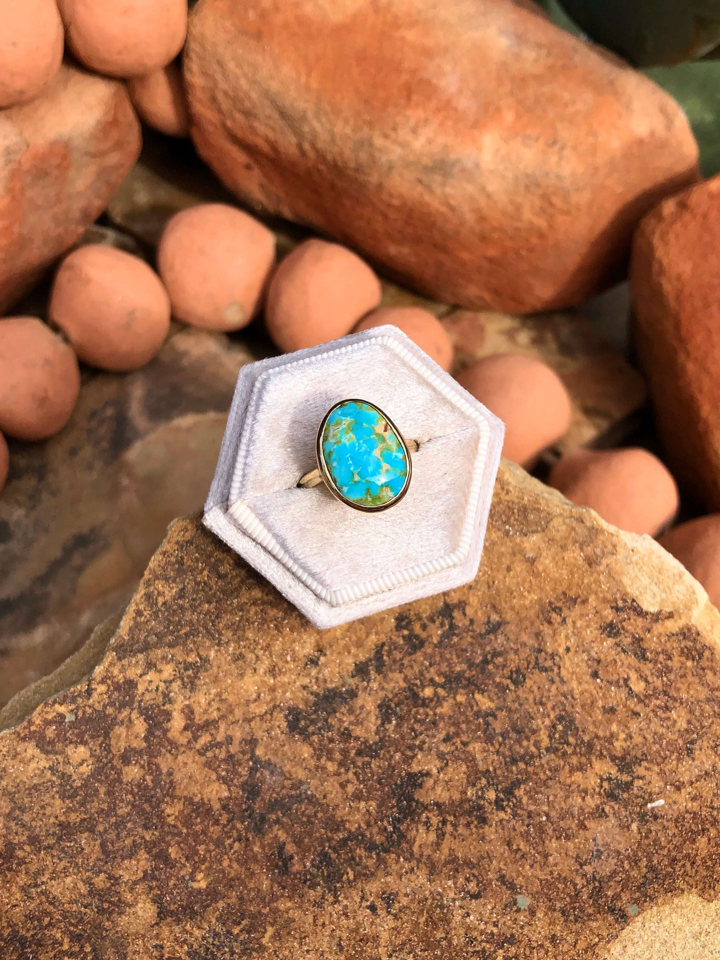 The London 14k and Turquoise Ring 20, Sz 7.25-Rings-Calli Co., Turquoise and Silver Jewelry, Native American Handmade, Zuni Tribe, Navajo Tribe, Brock Texas