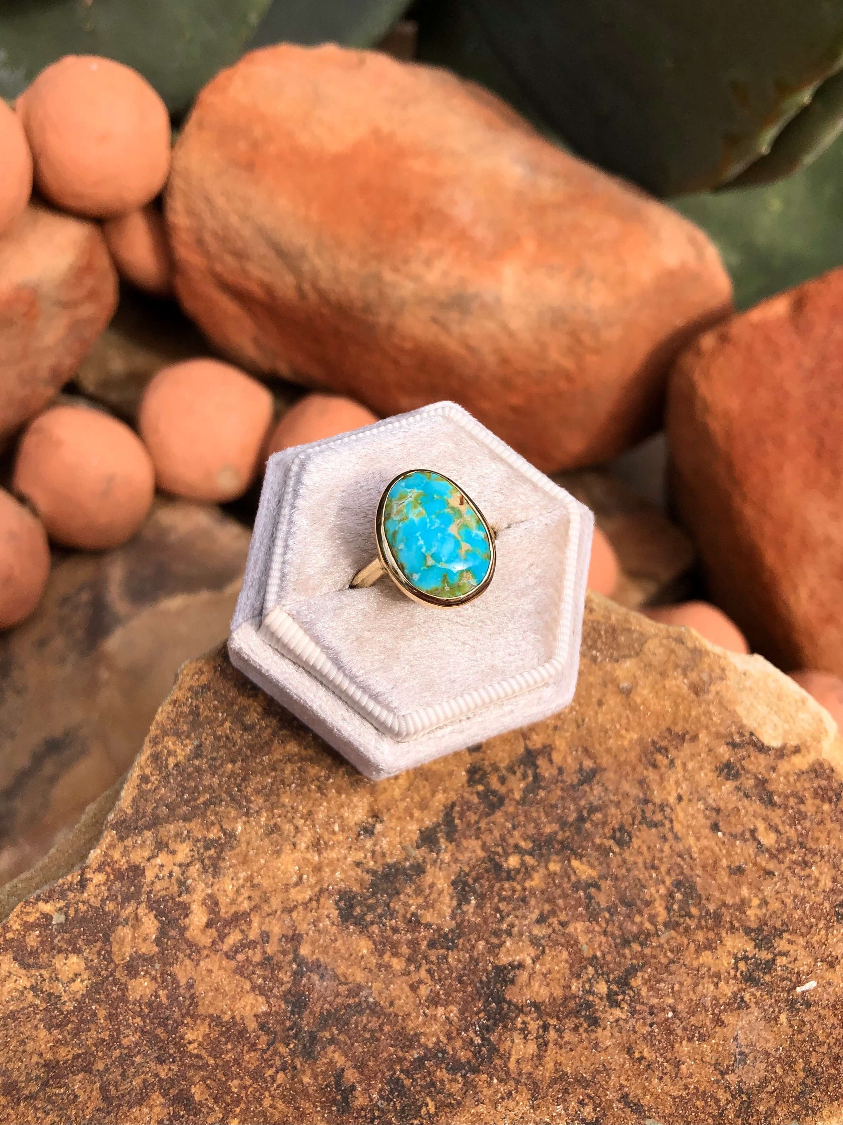 The London 14k and Turquoise Ring 20, Sz 7.25-Rings-Calli Co., Turquoise and Silver Jewelry, Native American Handmade, Zuni Tribe, Navajo Tribe, Brock Texas