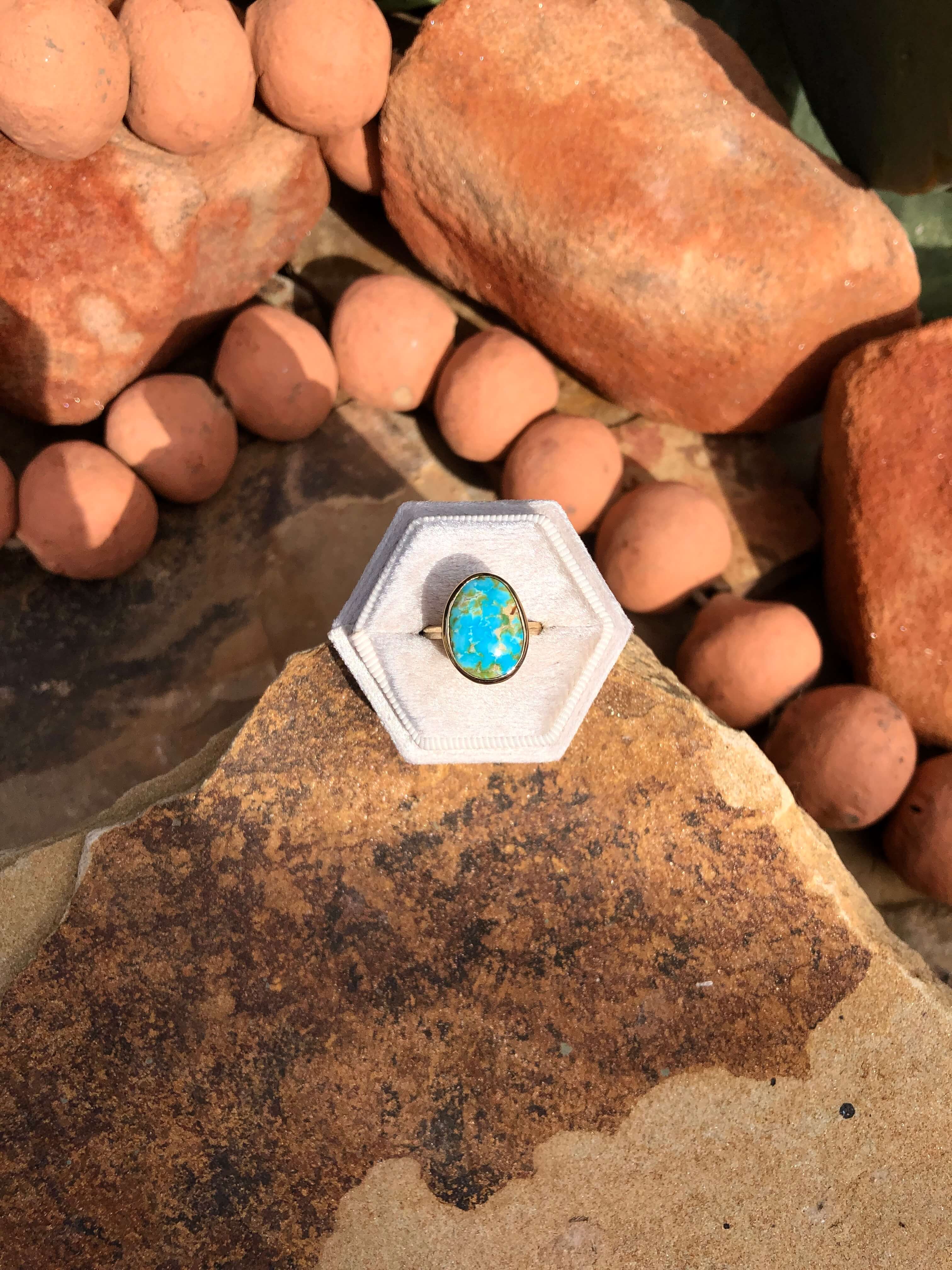 The London 14k and Turquoise Ring 20, Sz 7.25-Rings-Calli Co., Turquoise and Silver Jewelry, Native American Handmade, Zuni Tribe, Navajo Tribe, Brock Texas