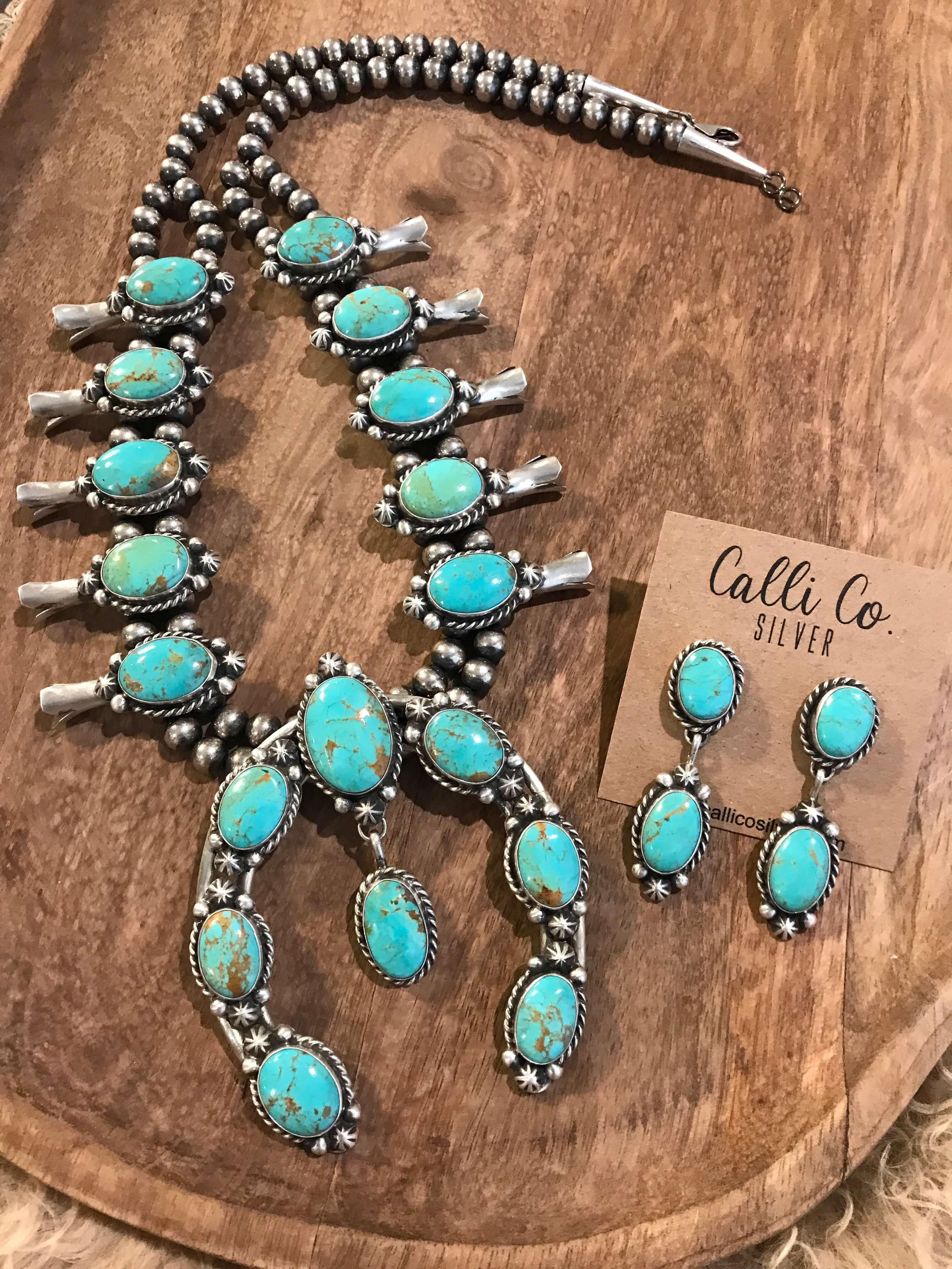 The Rancher Squash Blossom Necklace Set-Necklaces-Calli Co., Turquoise and Silver Jewelry, Native American Handmade, Zuni Tribe, Navajo Tribe, Brock Texas