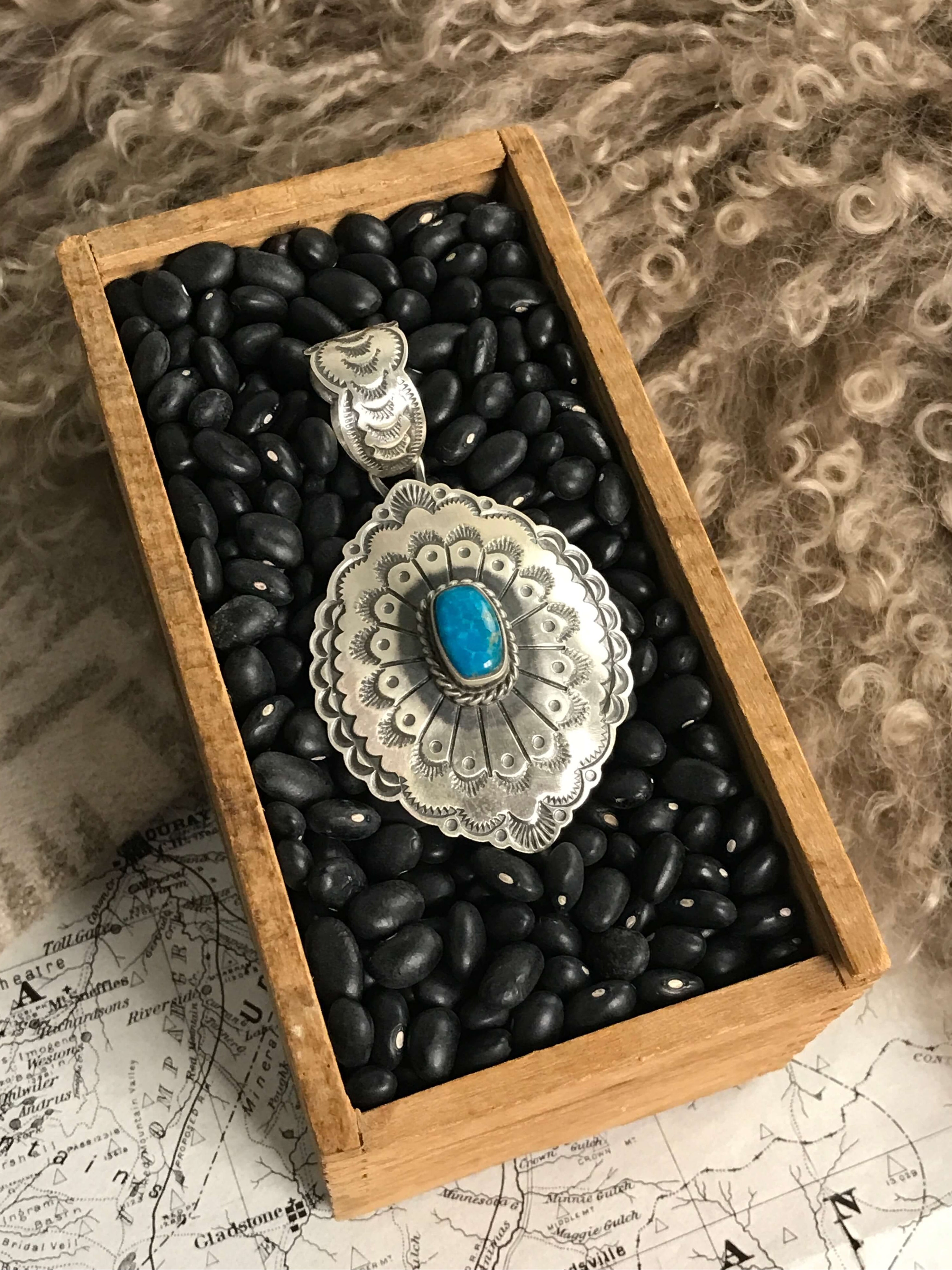 The Encinitas Concho Pendant, 2-Pendants-Calli Co., Turquoise and Silver Jewelry, Native American Handmade, Zuni Tribe, Navajo Tribe, Brock Texas