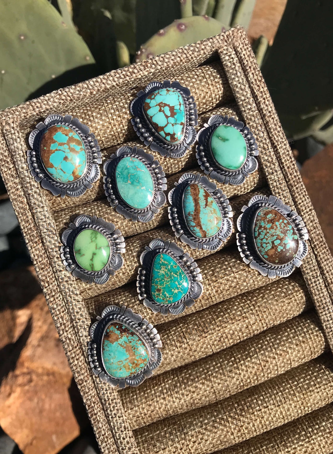 Front View. The Geneva Turquoise Rings-Rings-Calli Co., Turquoise and Silver Jewelry, Native American Handmade, Zuni Tribe, Navajo Tribe, Brock Texas