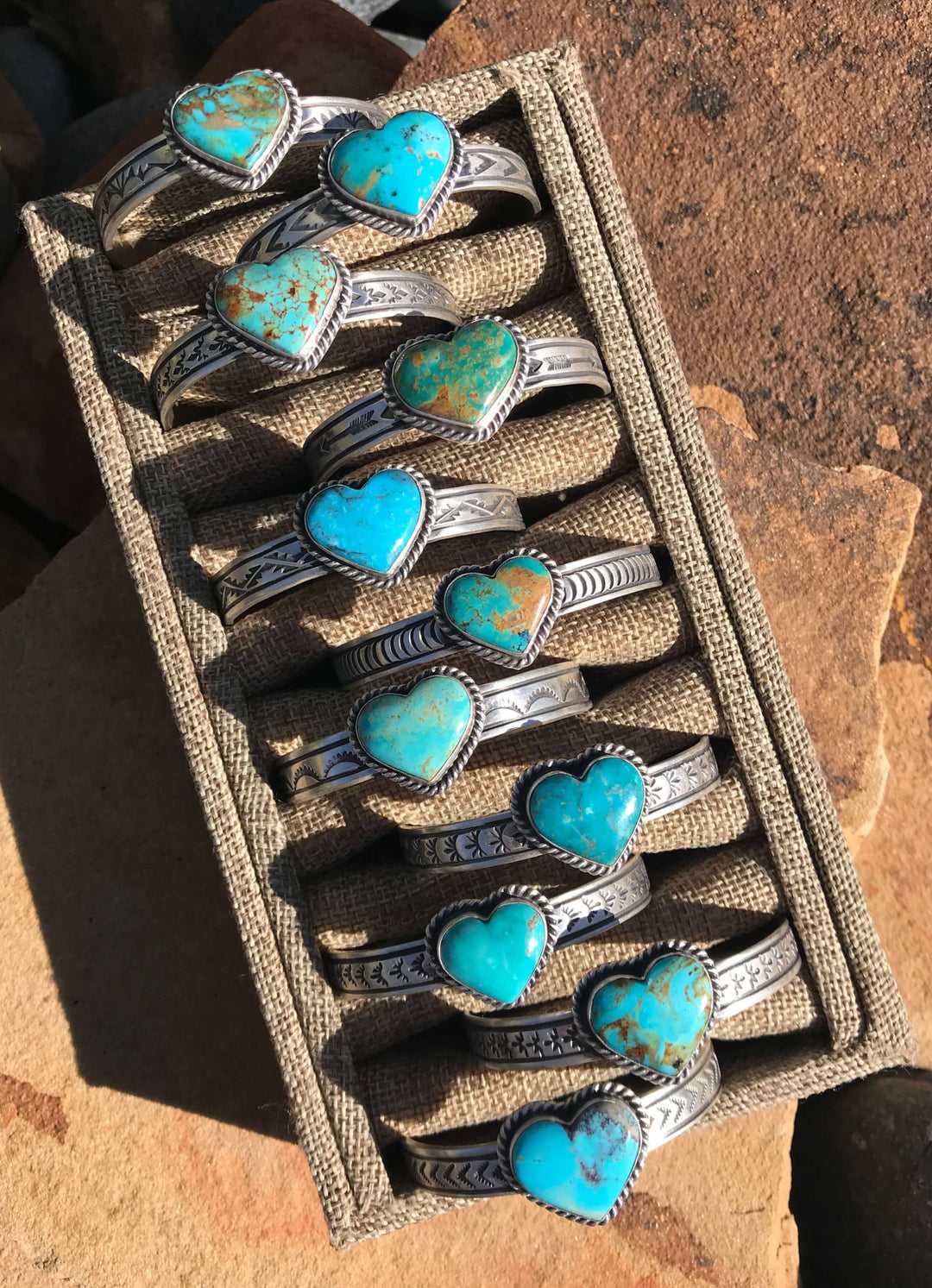 Front View. The Turquoise Heart Cuffs-Bracelets & Cuffs-Calli Co., Turquoise and Silver Jewelry, Native American Handmade, Zuni Tribe, Navajo Tribe, Brock Texas