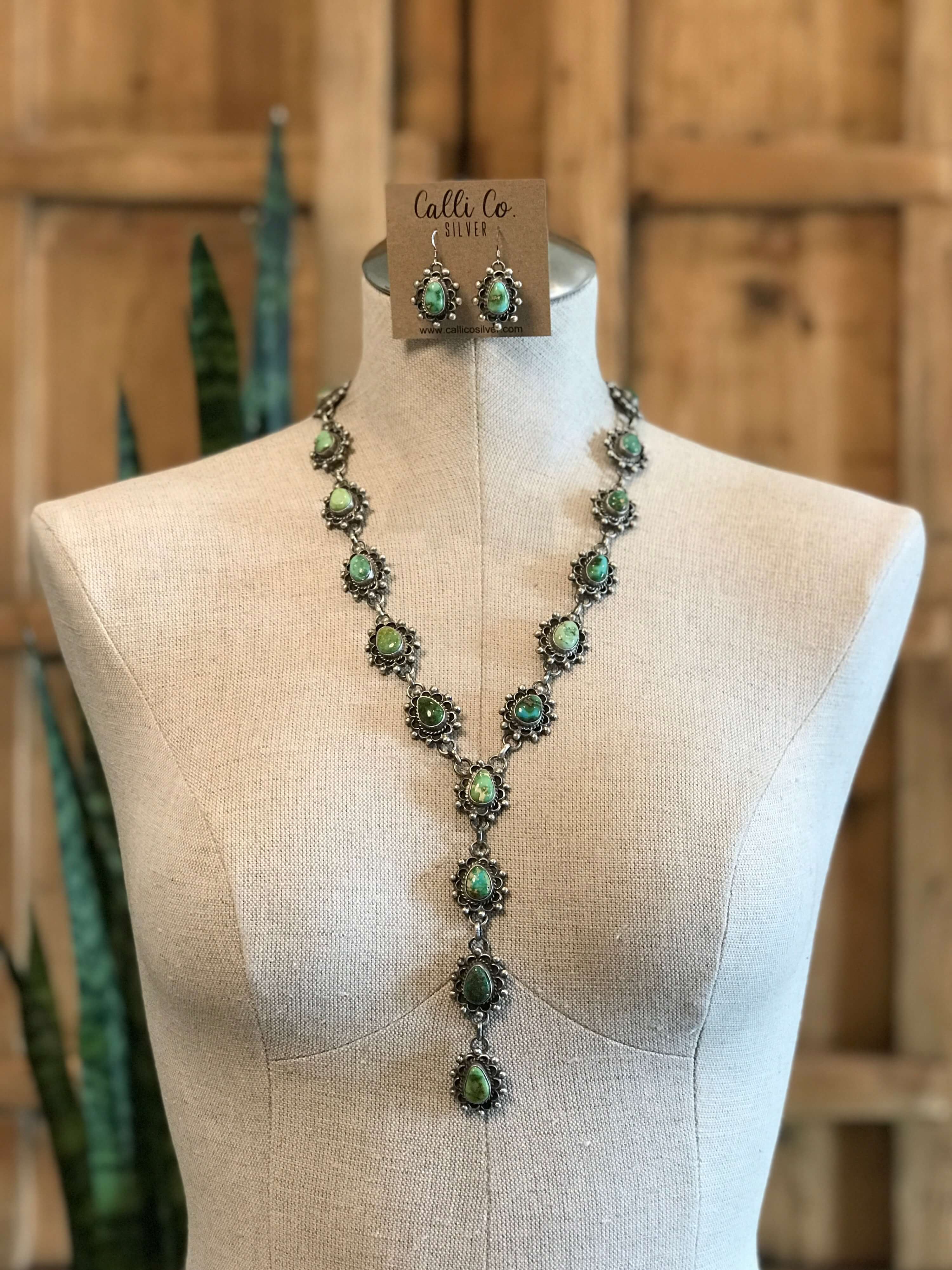 The El Paso Turquoise Lariat Necklace Set-Necklaces-Calli Co., Turquoise and Silver Jewelry, Native American Handmade, Zuni Tribe, Navajo Tribe, Brock Texas