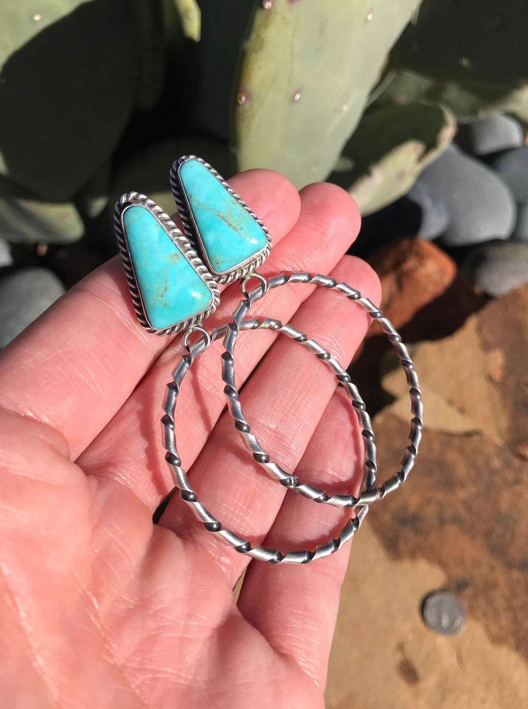Front View. The Reeves Hoop Earrings, 8-Earrings-Calli Co., Turquoise and Silver Jewelry, Native American Handmade, Zuni Tribe, Navajo Tribe, Brock Texas
