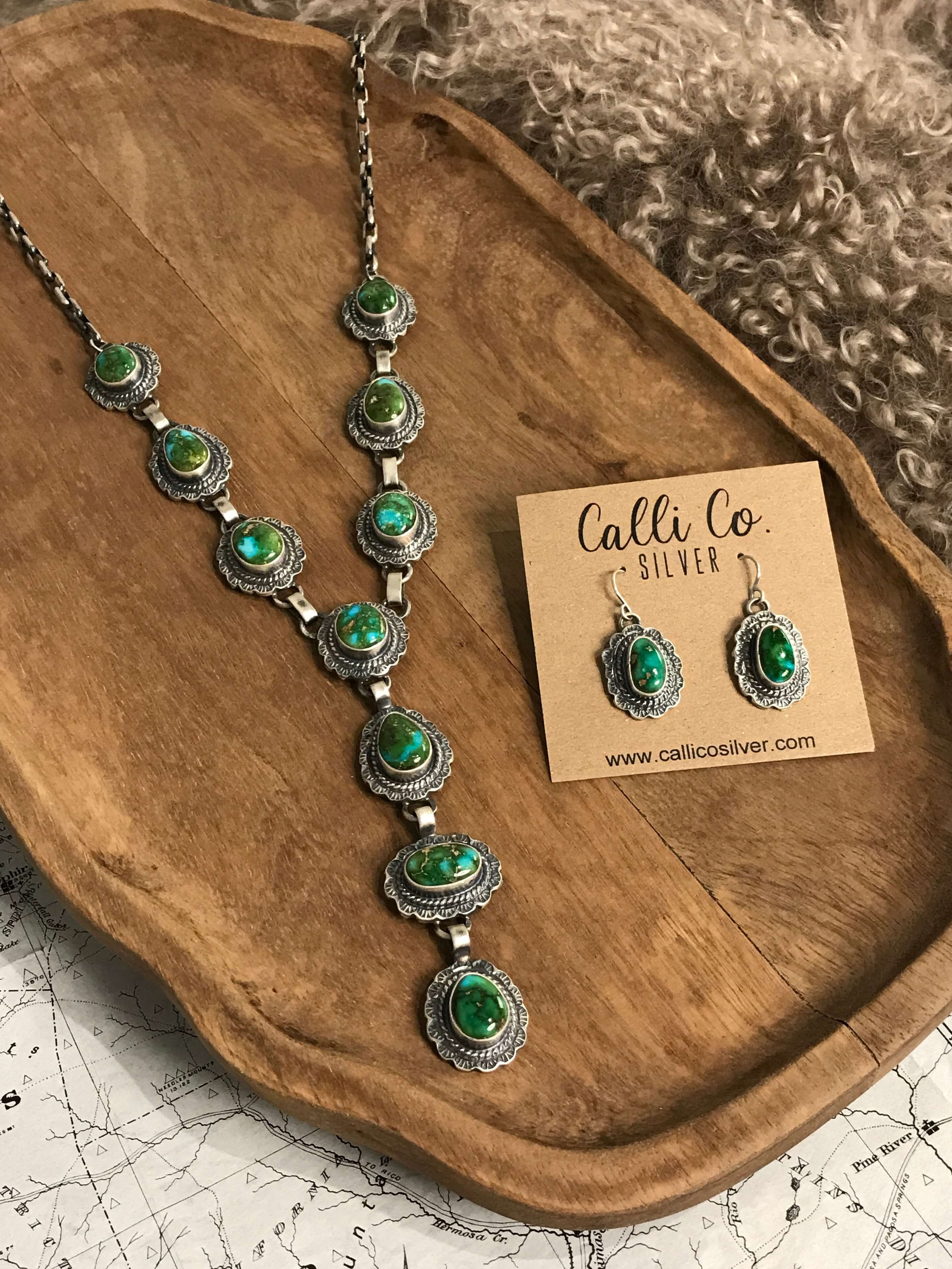 The Bonneville Turquoise Lariat Necklace Set-Necklaces-Calli Co., Turquoise and Silver Jewelry, Native American Handmade, Zuni Tribe, Navajo Tribe, Brock Texas