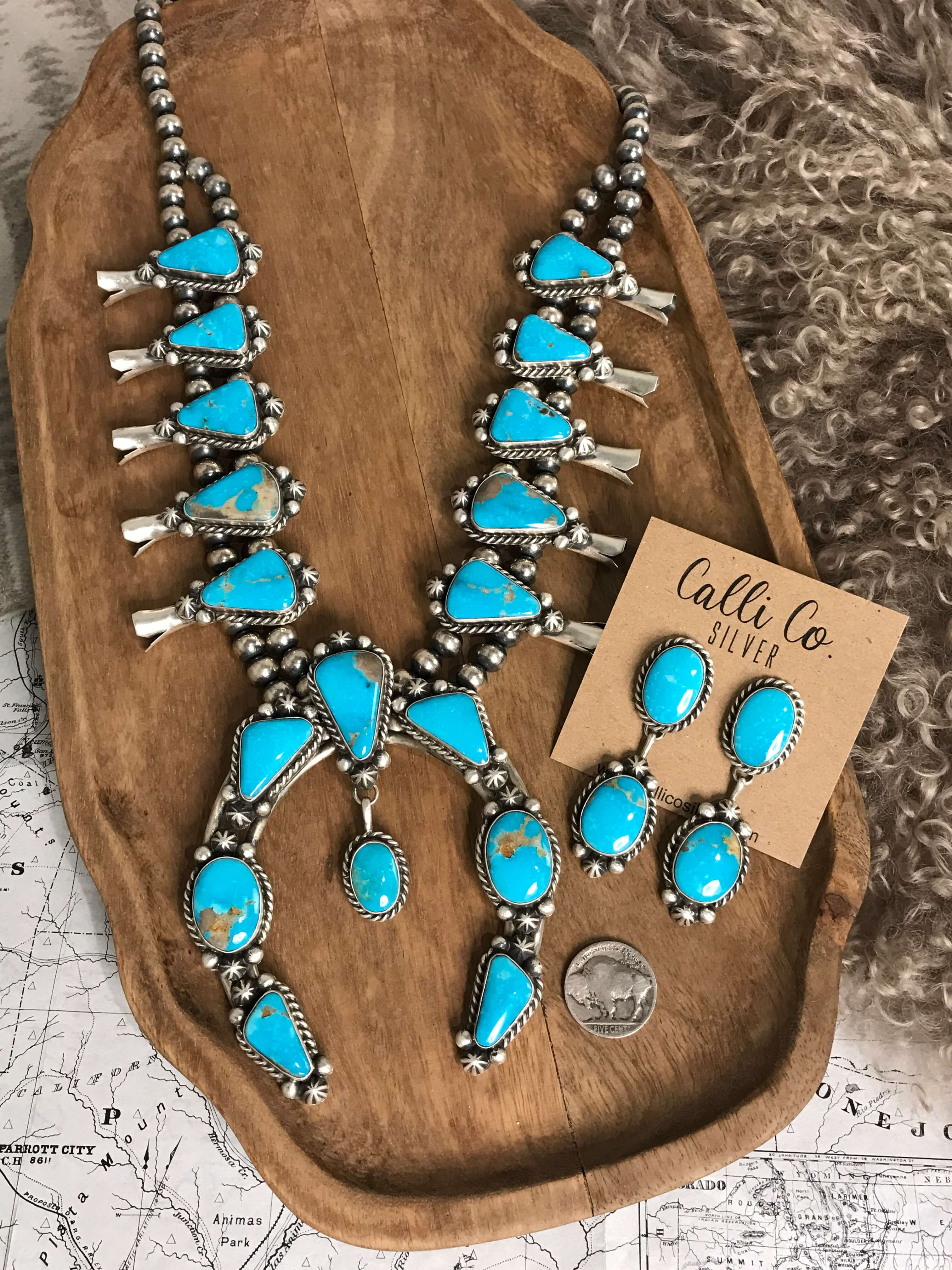 The Reign Squash Blossom Necklace Set-Necklaces-Calli Co., Turquoise and Silver Jewelry, Native American Handmade, Zuni Tribe, Navajo Tribe, Brock Texas