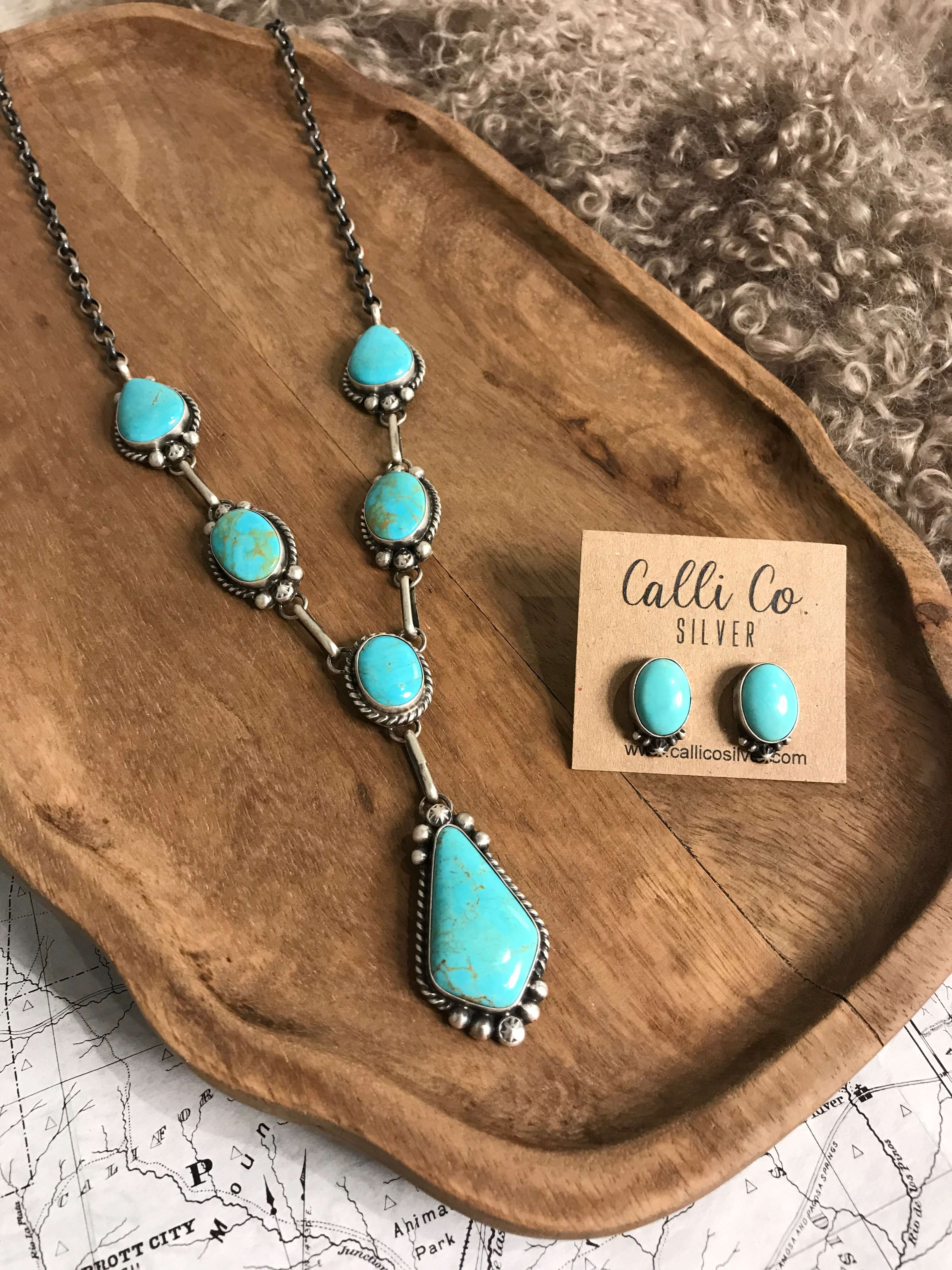 The Lakota Turquoise Lariat Necklace Set-Necklaces-Calli Co., Turquoise and Silver Jewelry, Native American Handmade, Zuni Tribe, Navajo Tribe, Brock Texas