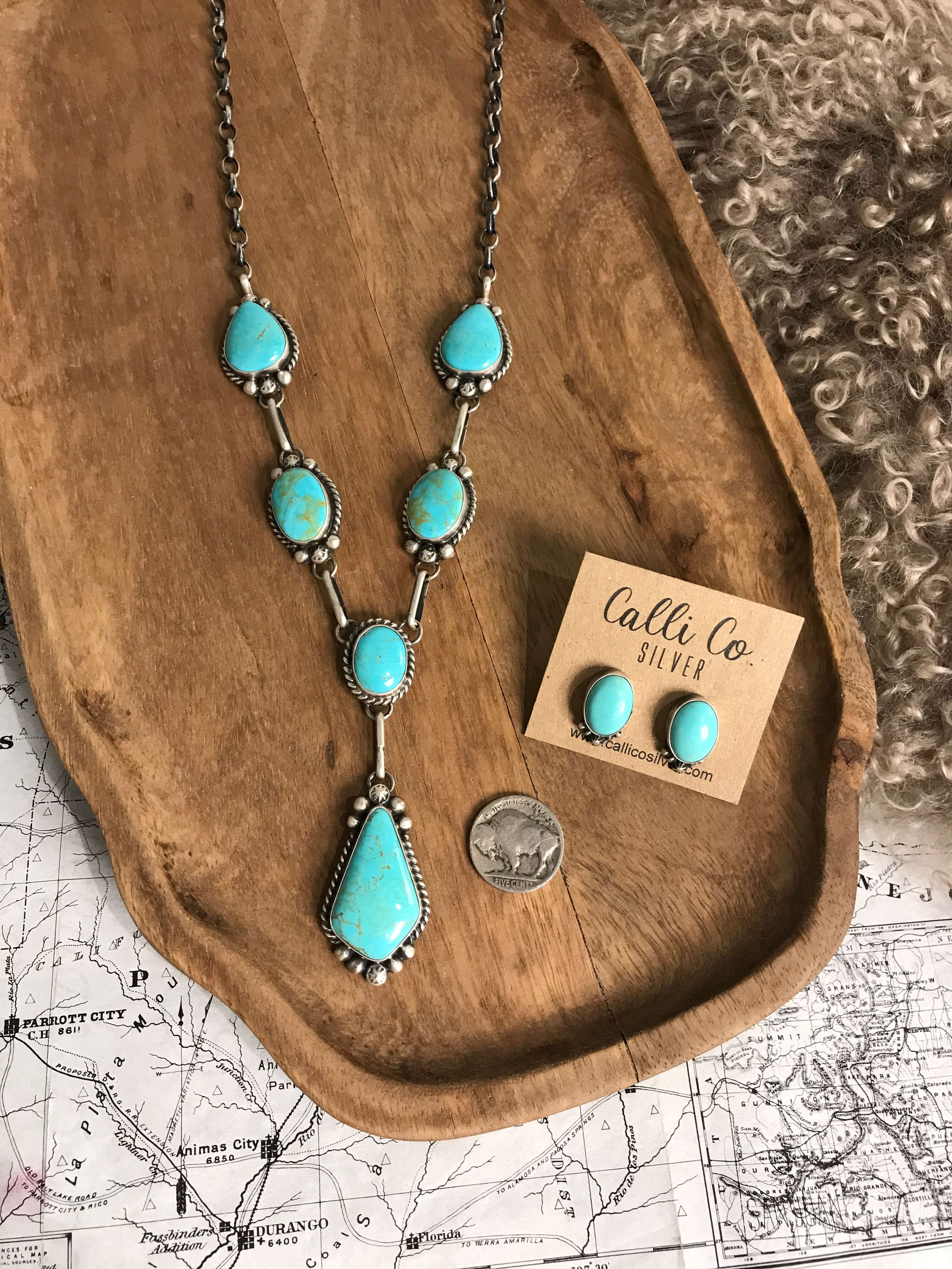 The Lakota Turquoise Lariat Necklace Set-Necklaces-Calli Co., Turquoise and Silver Jewelry, Native American Handmade, Zuni Tribe, Navajo Tribe, Brock Texas