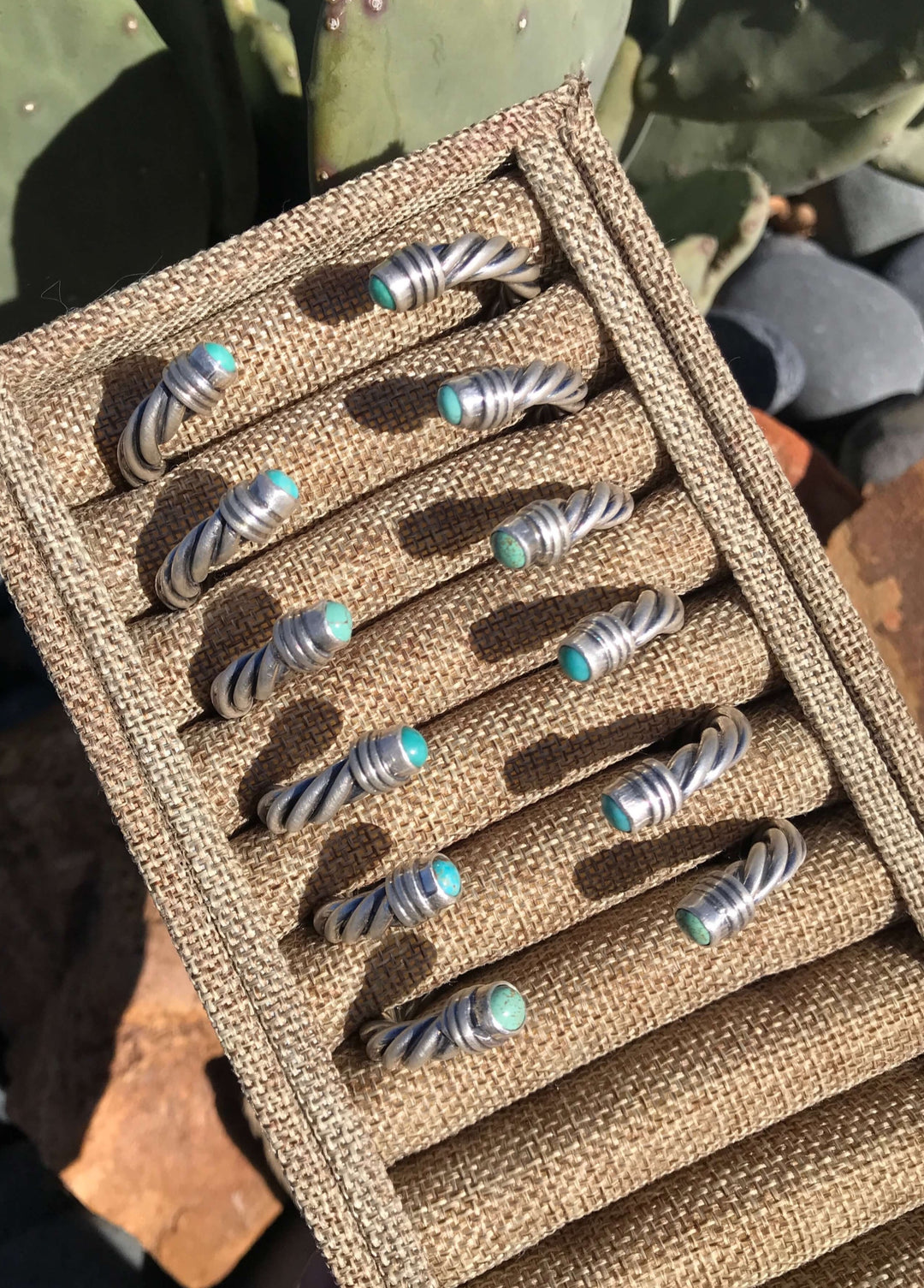 Front View. The Grande Turquoise Cable Cuffs-Bracelets & Cuffs-Calli Co., Turquoise and Silver Jewelry, Native American Handmade, Zuni Tribe, Navajo Tribe, Brock Texas