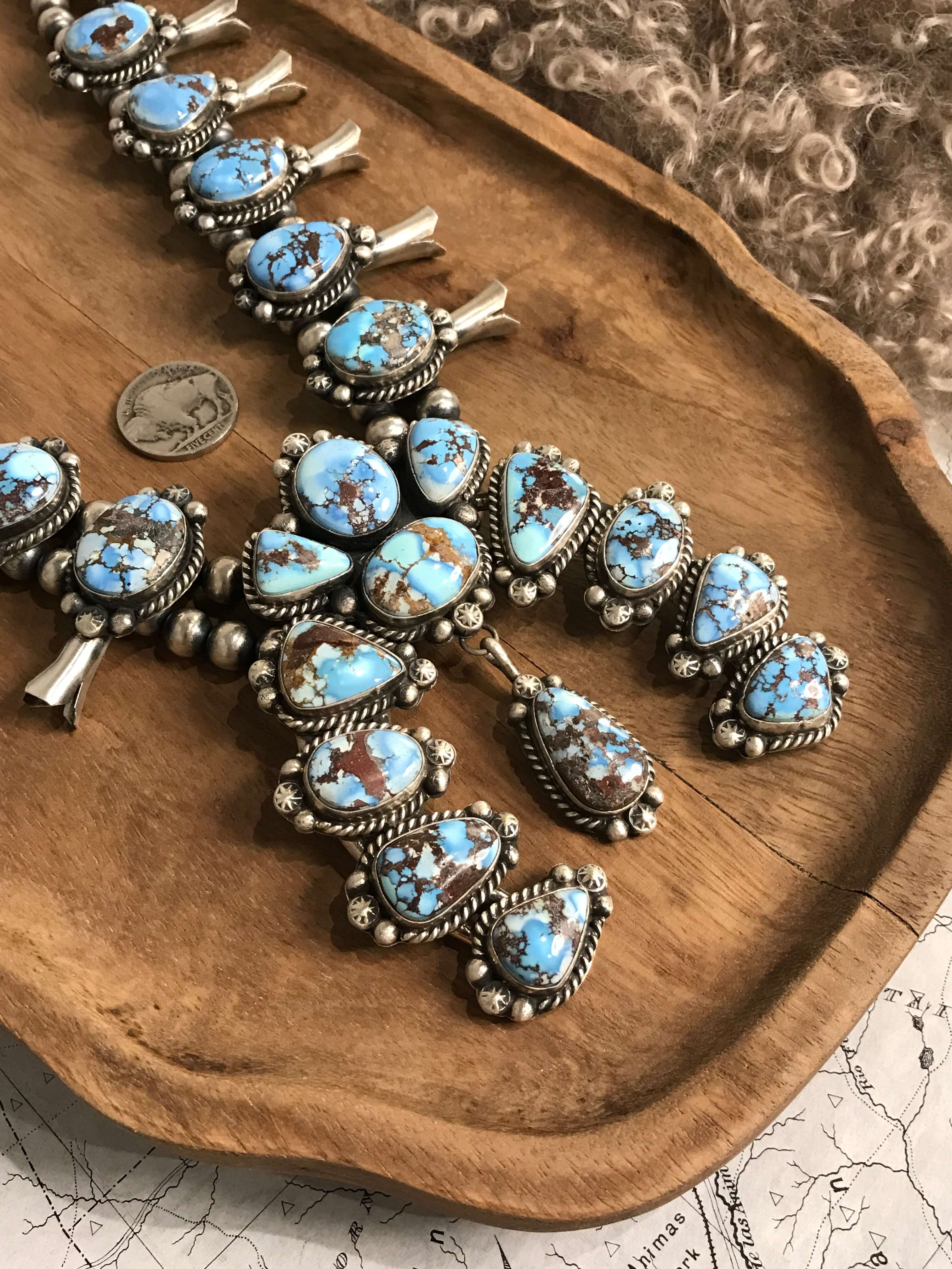 The Sunridge Squash Blossom Necklace Set-Necklaces-Calli Co., Turquoise and Silver Jewelry, Native American Handmade, Zuni Tribe, Navajo Tribe, Brock Texas