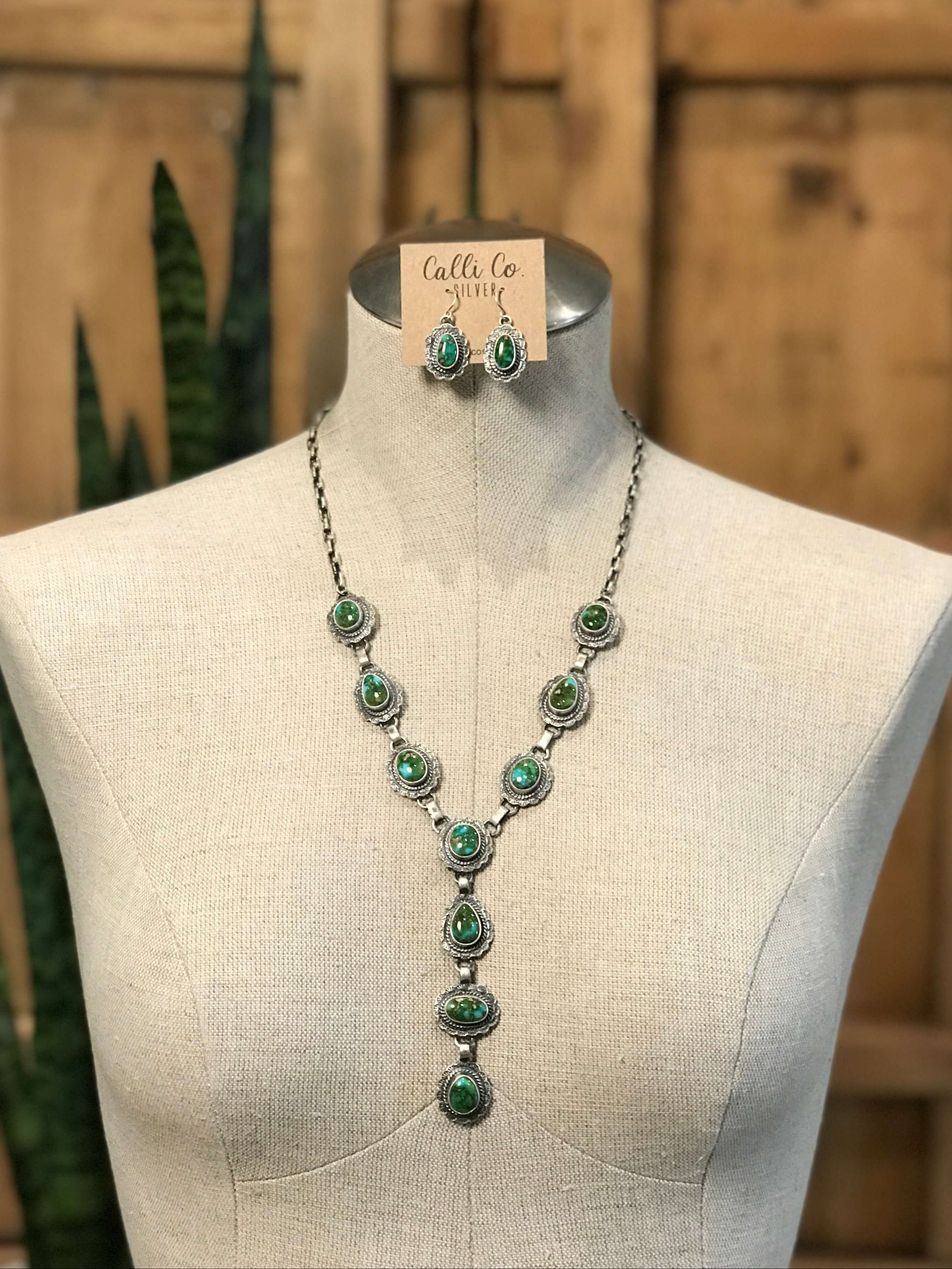The Bonneville Turquoise Lariat Necklace Set-Necklaces-Calli Co., Turquoise and Silver Jewelry, Native American Handmade, Zuni Tribe, Navajo Tribe, Brock Texas
