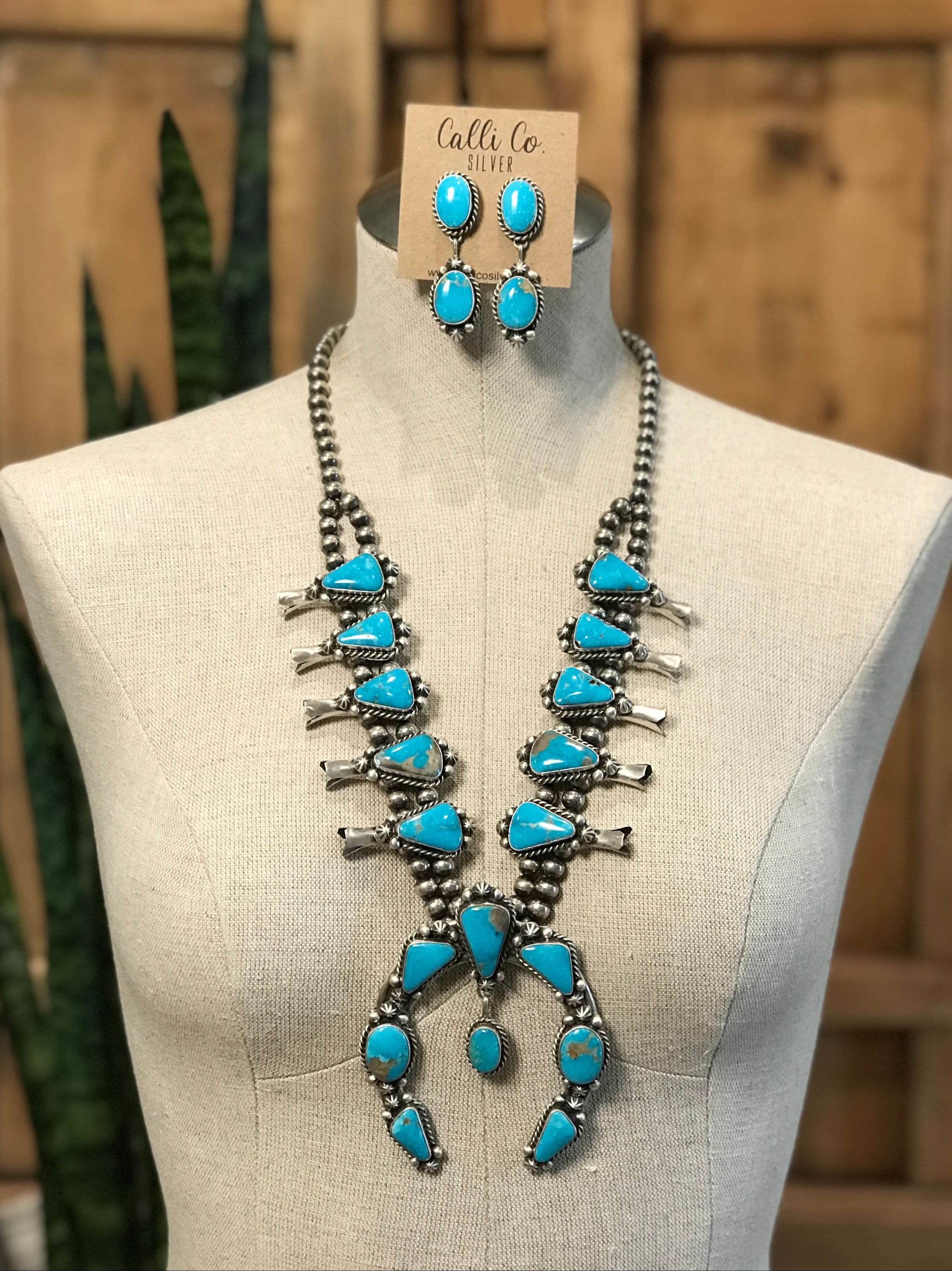 The Reign Squash Blossom Necklace Set-Necklaces-Calli Co., Turquoise and Silver Jewelry, Native American Handmade, Zuni Tribe, Navajo Tribe, Brock Texas
