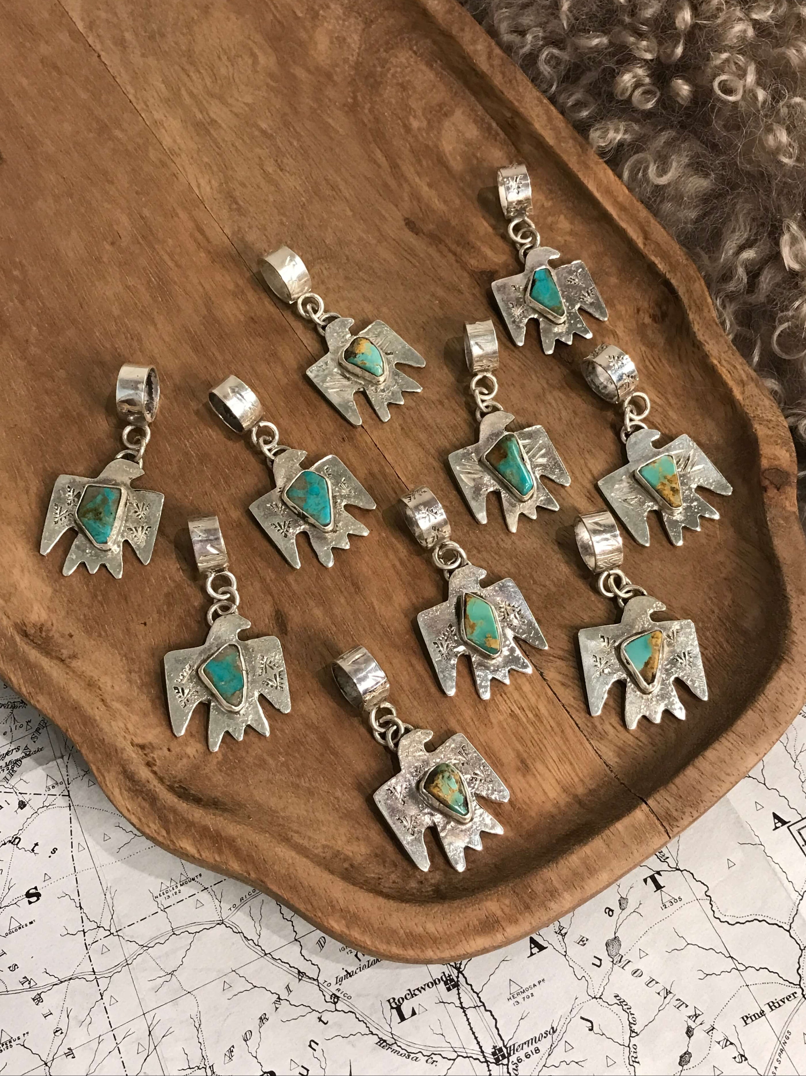 The Turquoise Thunderbird Pendants-Pendants-Calli Co., Turquoise and Silver Jewelry, Native American Handmade, Zuni Tribe, Navajo Tribe, Brock Texas