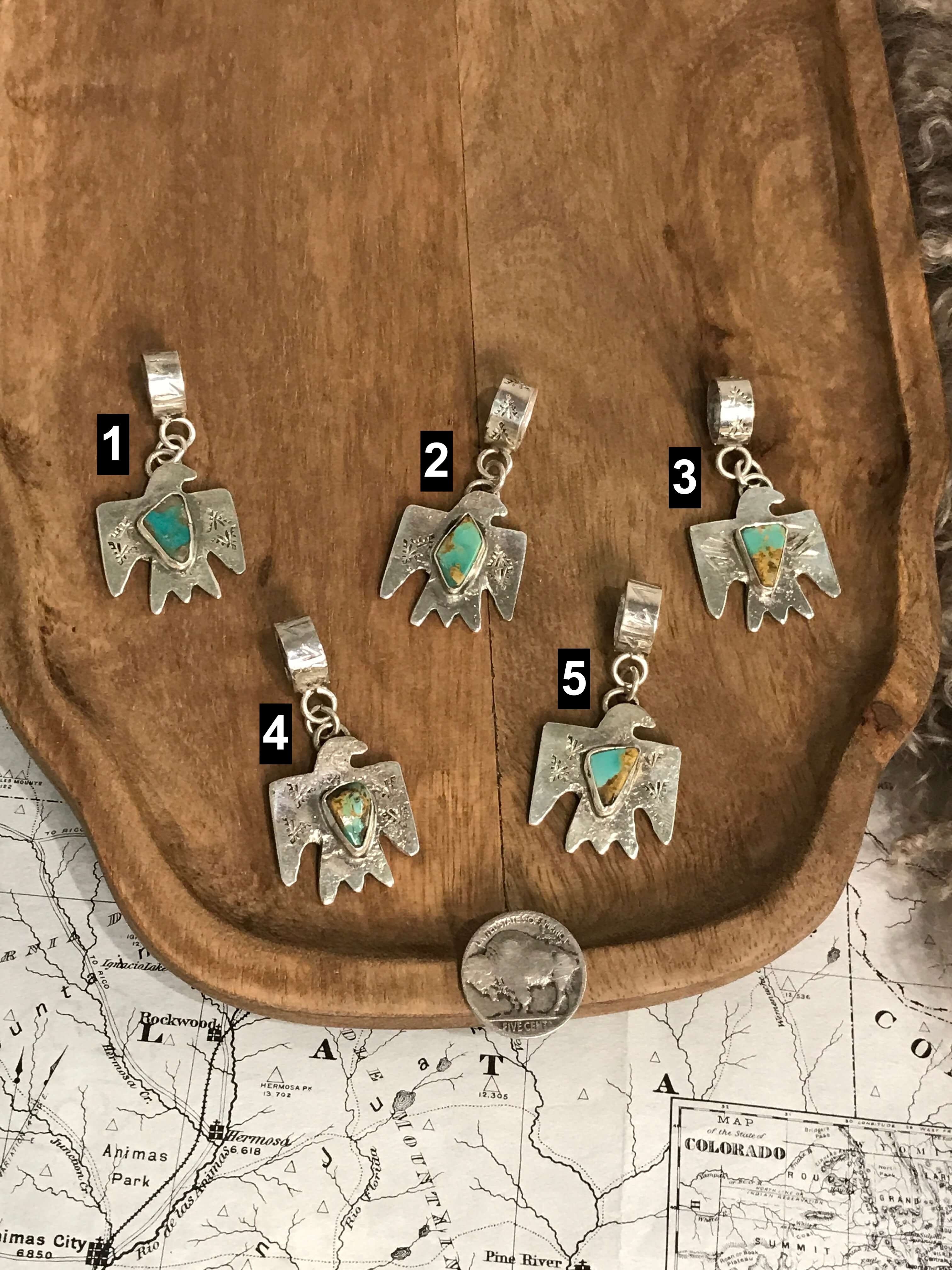 The Turquoise Thunderbird Pendants-Pendants-Calli Co., Turquoise and Silver Jewelry, Native American Handmade, Zuni Tribe, Navajo Tribe, Brock Texas