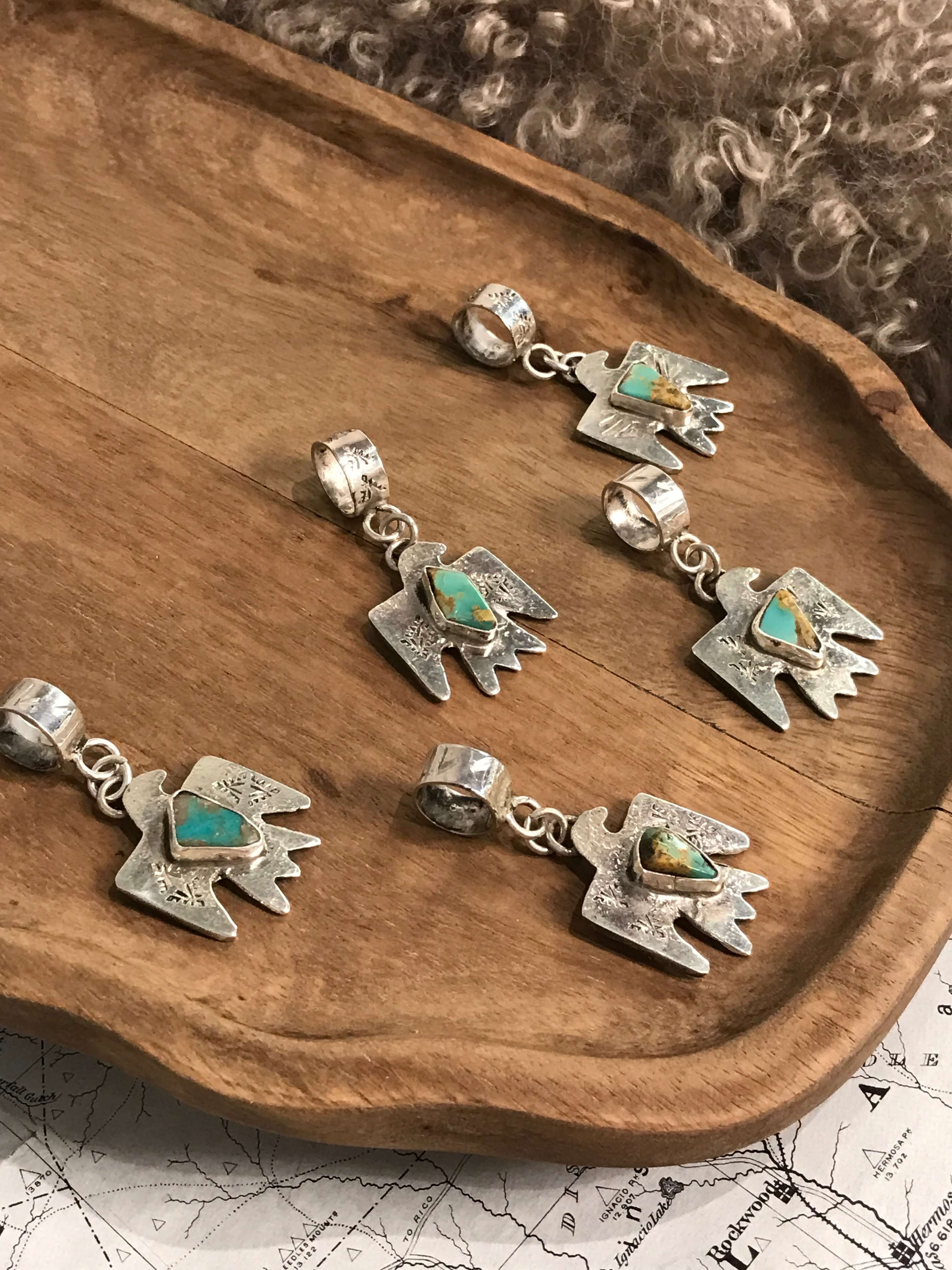 The Turquoise Thunderbird Pendants-Pendants-Calli Co., Turquoise and Silver Jewelry, Native American Handmade, Zuni Tribe, Navajo Tribe, Brock Texas