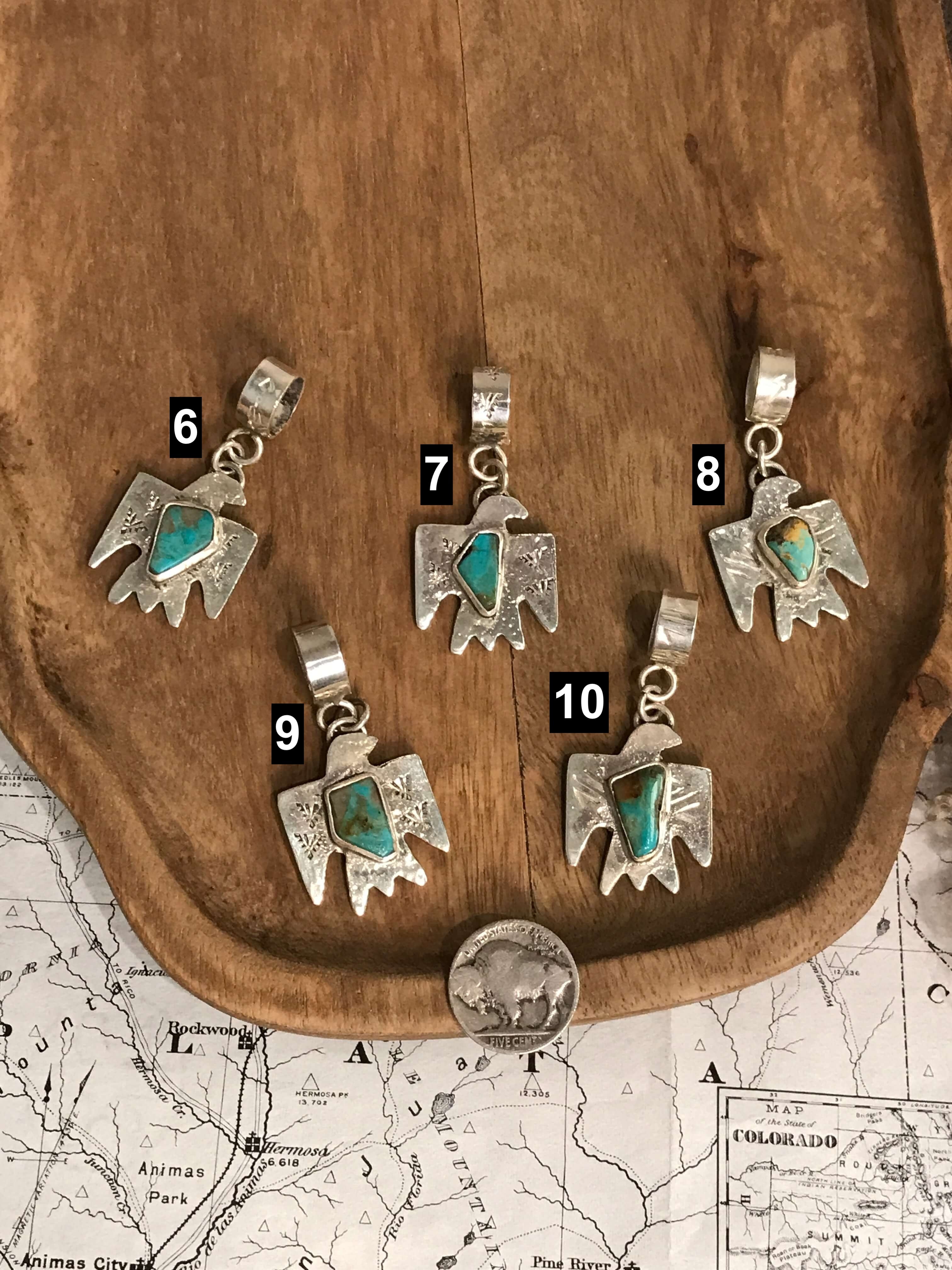 The Turquoise Thunderbird Pendants-Pendants-Calli Co., Turquoise and Silver Jewelry, Native American Handmade, Zuni Tribe, Navajo Tribe, Brock Texas