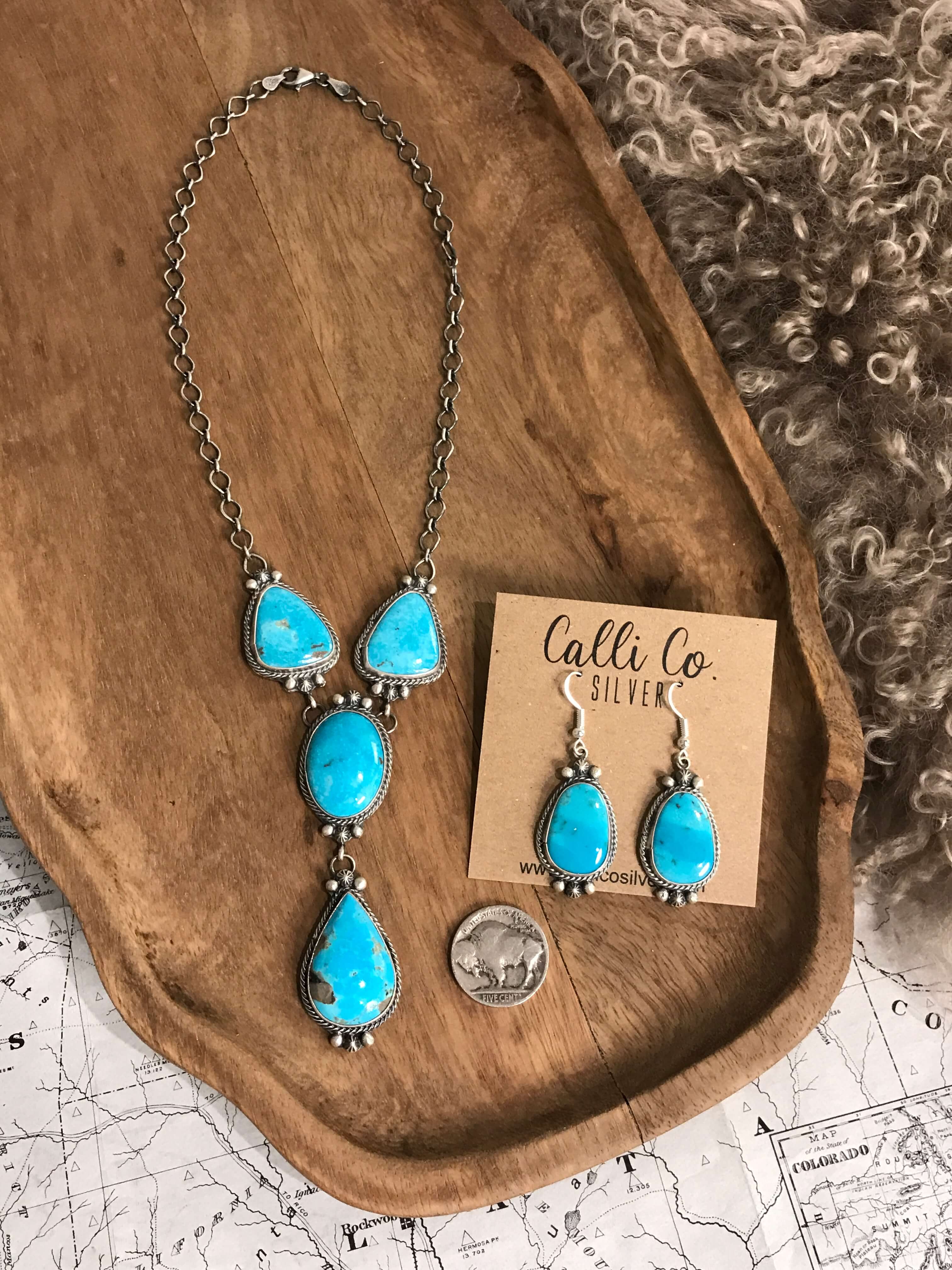 The Flagstaff Turquoise Lariat Necklace Set-Necklaces-Calli Co., Turquoise and Silver Jewelry, Native American Handmade, Zuni Tribe, Navajo Tribe, Brock Texas