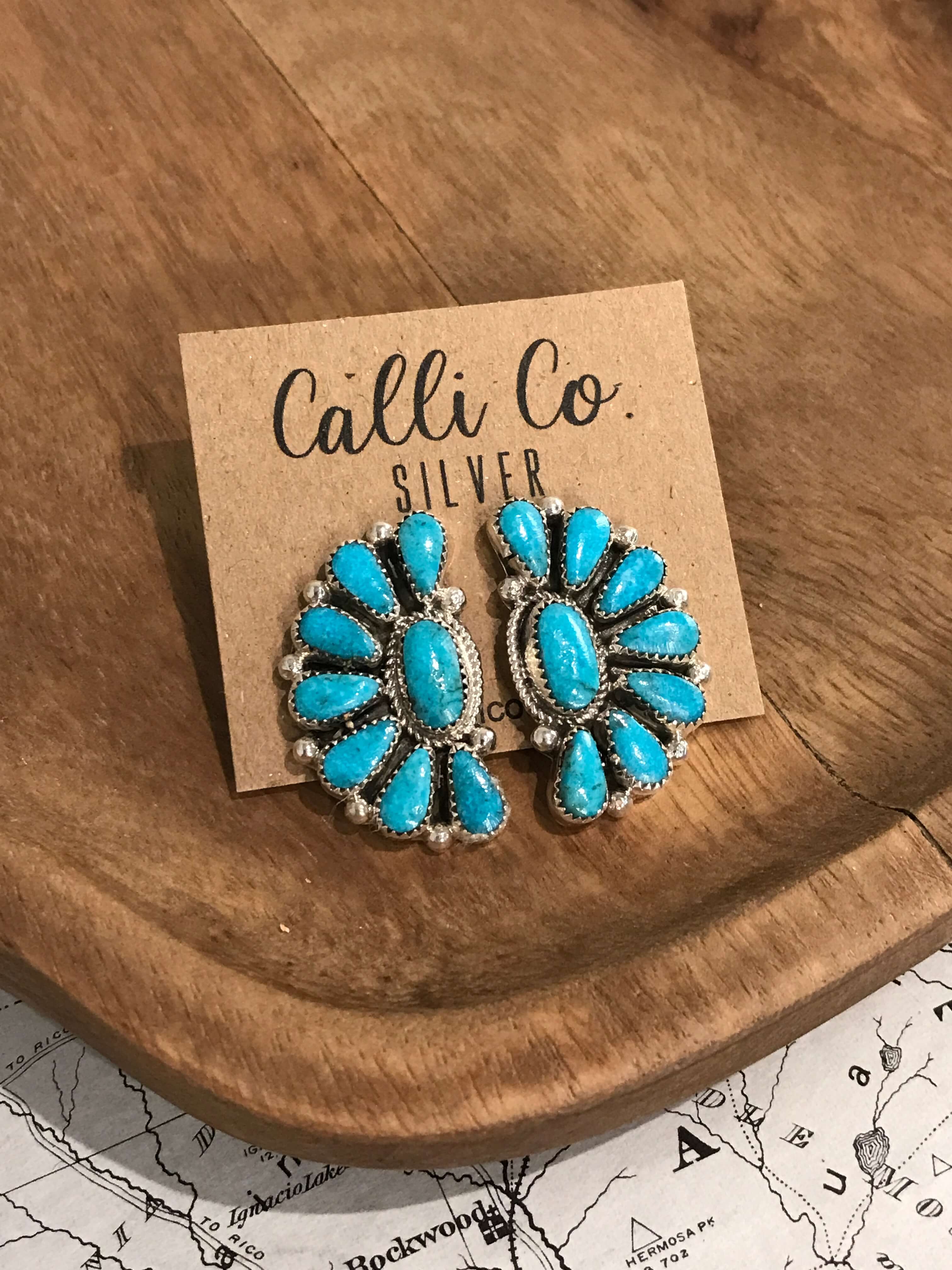 The Woodson Half Cluster Earrings, 8-Earrings-Calli Co., Turquoise and Silver Jewelry, Native American Handmade, Zuni Tribe, Navajo Tribe, Brock Texas