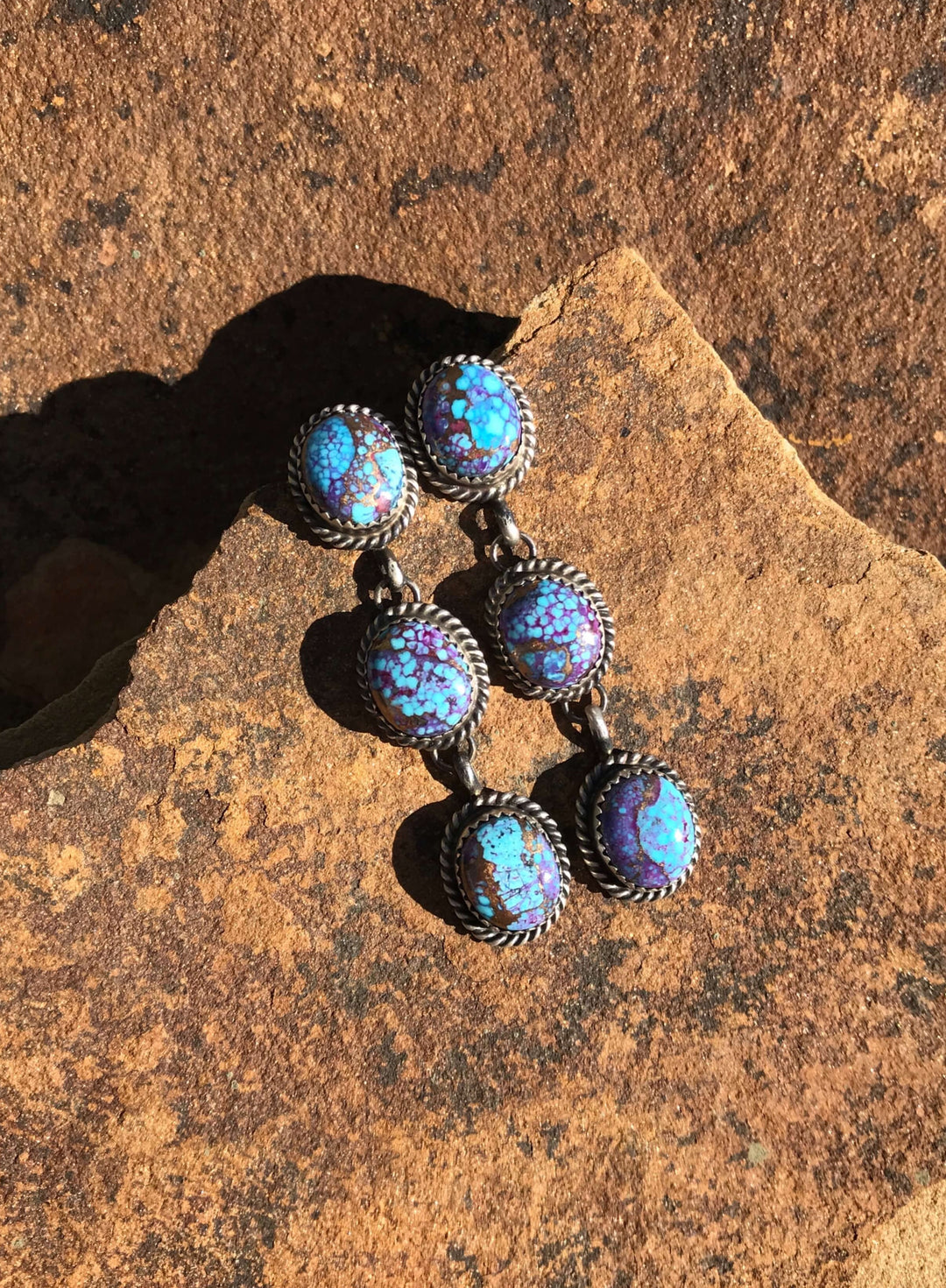 Front View. The Osceola Earrings, 6-Earrings-Calli Co., Turquoise and Silver Jewelry, Native American Handmade, Zuni Tribe, Navajo Tribe, Brock Texas