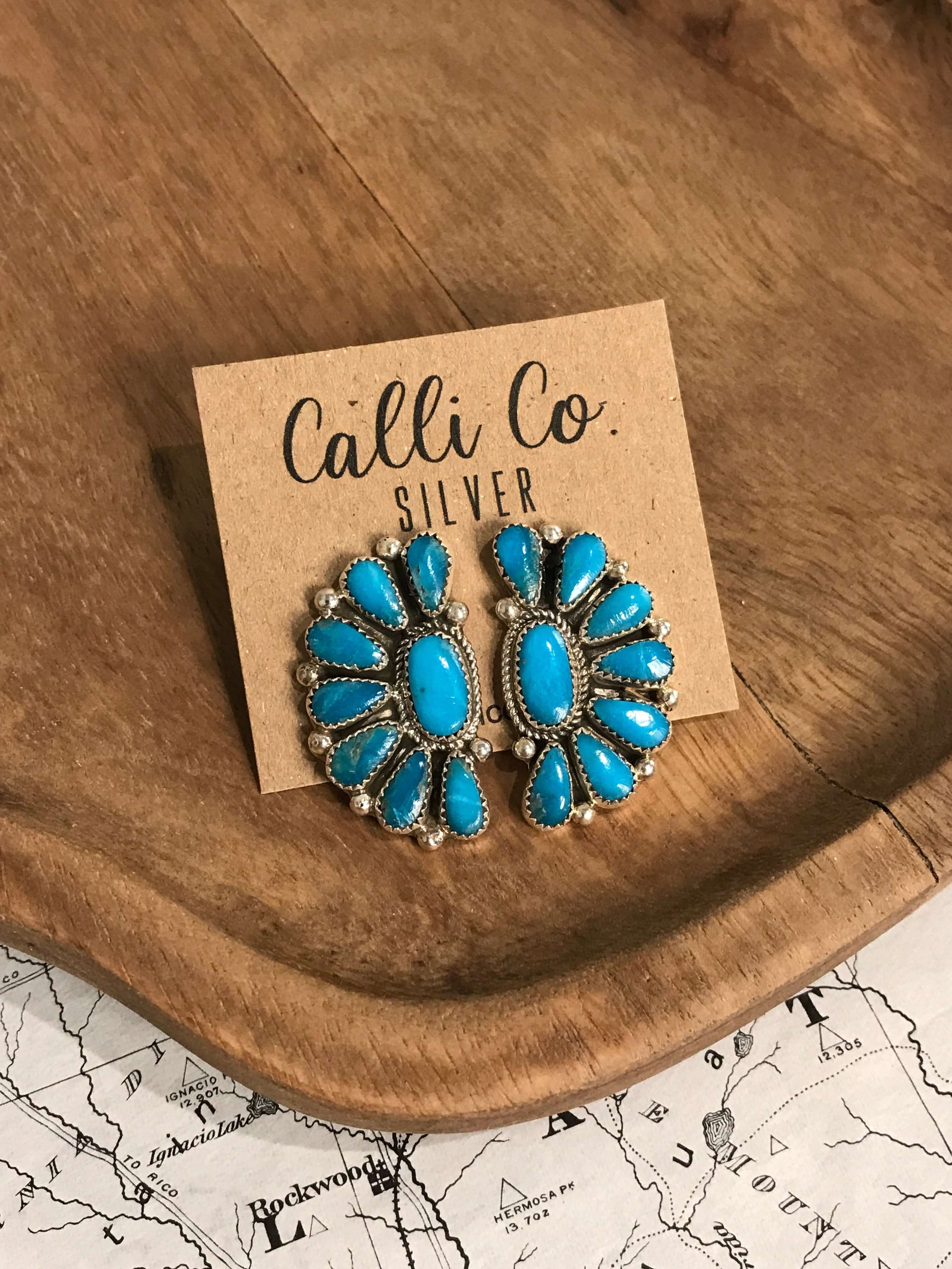 The Woodson Half Cluster Earrings, 9-Earrings-Calli Co., Turquoise and Silver Jewelry, Native American Handmade, Zuni Tribe, Navajo Tribe, Brock Texas