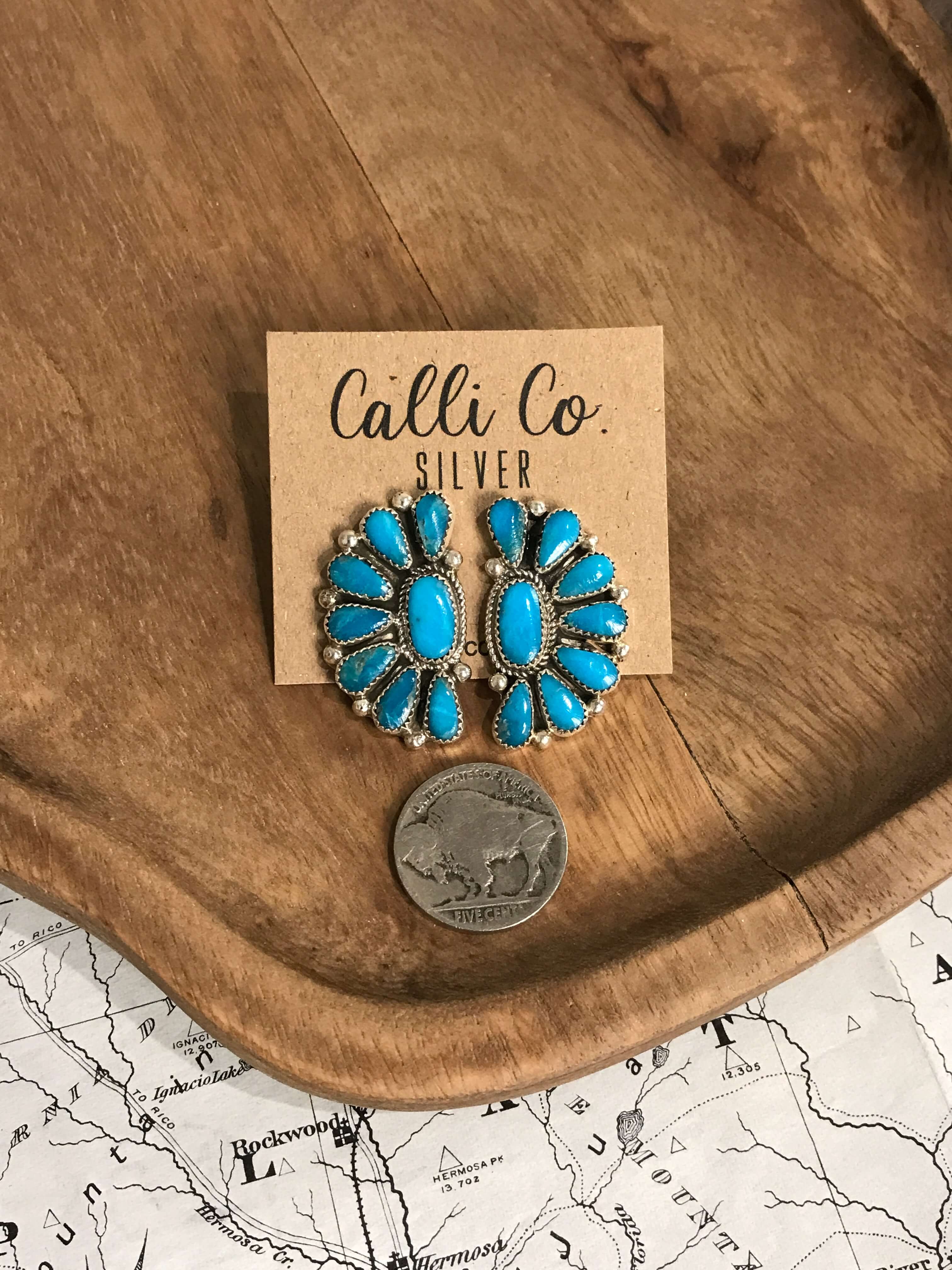 The Woodson Half Cluster Earrings, 9-Earrings-Calli Co., Turquoise and Silver Jewelry, Native American Handmade, Zuni Tribe, Navajo Tribe, Brock Texas