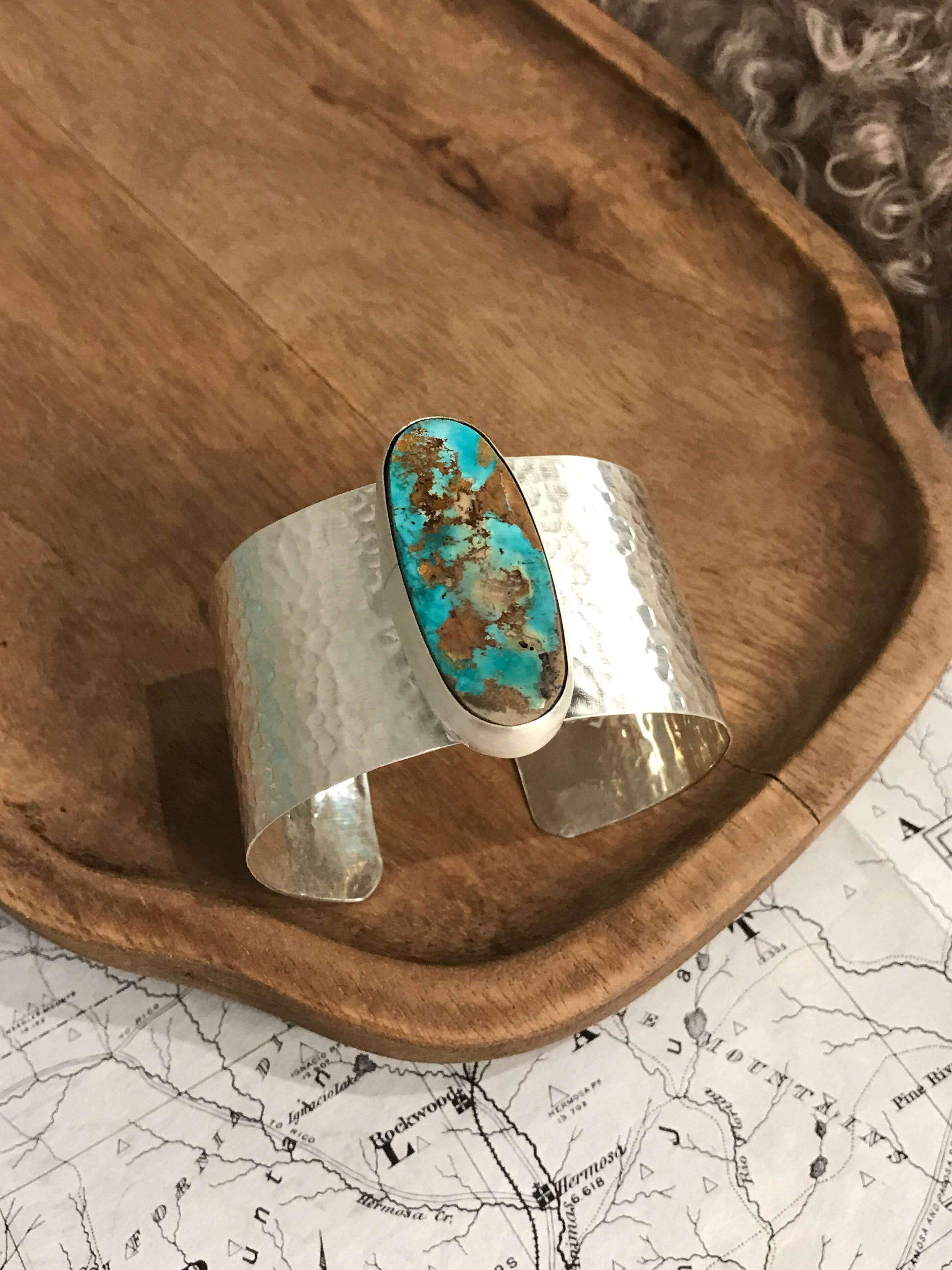 The Belle River Royston Turquoise Cuff, 3-Bracelets & Cuffs-Calli Co., Turquoise and Silver Jewelry, Native American Handmade, Zuni Tribe, Navajo Tribe, Brock Texas