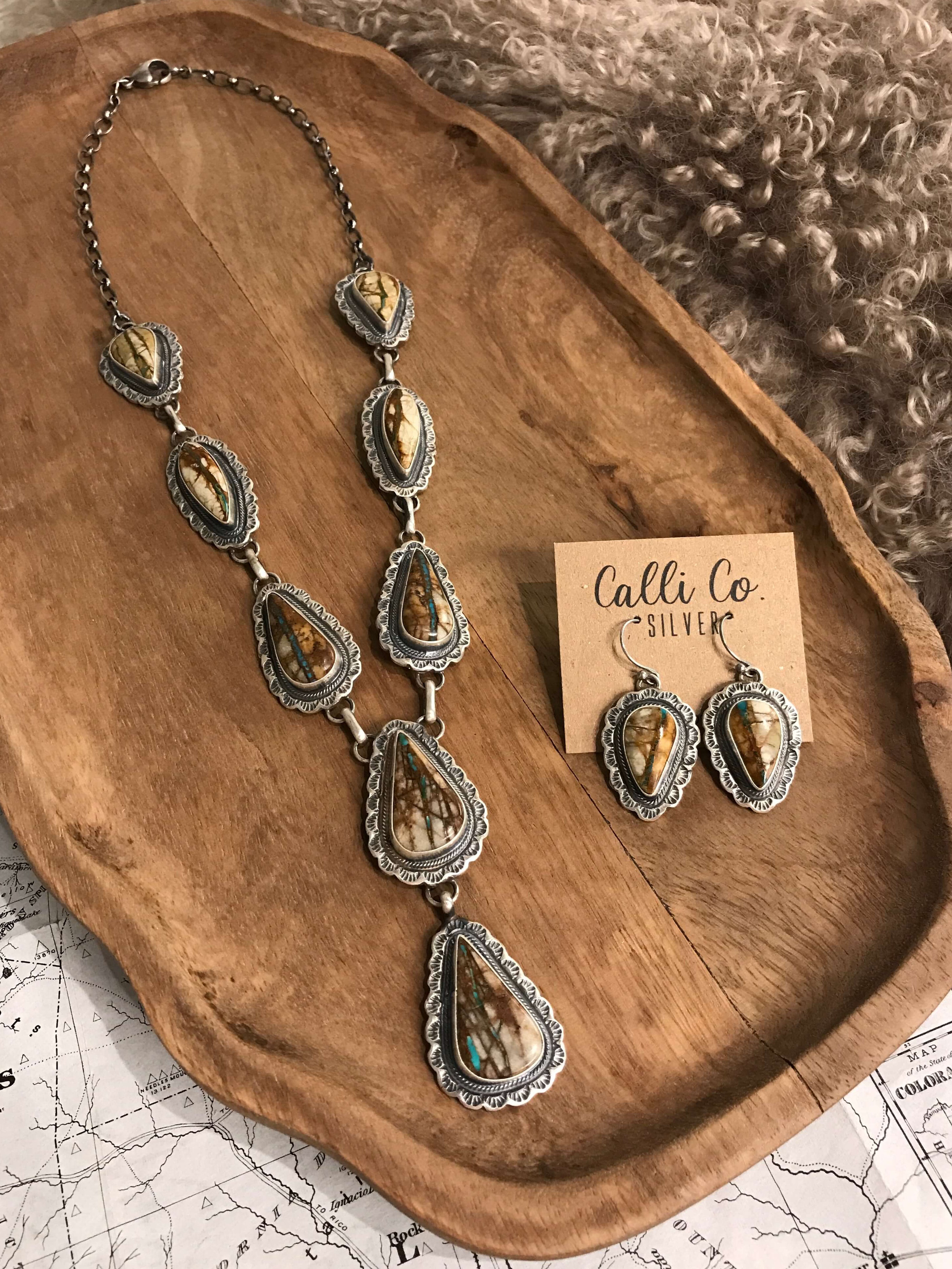 The Gundy Turquoise Lariat Necklace Set-Necklaces-Calli Co., Turquoise and Silver Jewelry, Native American Handmade, Zuni Tribe, Navajo Tribe, Brock Texas