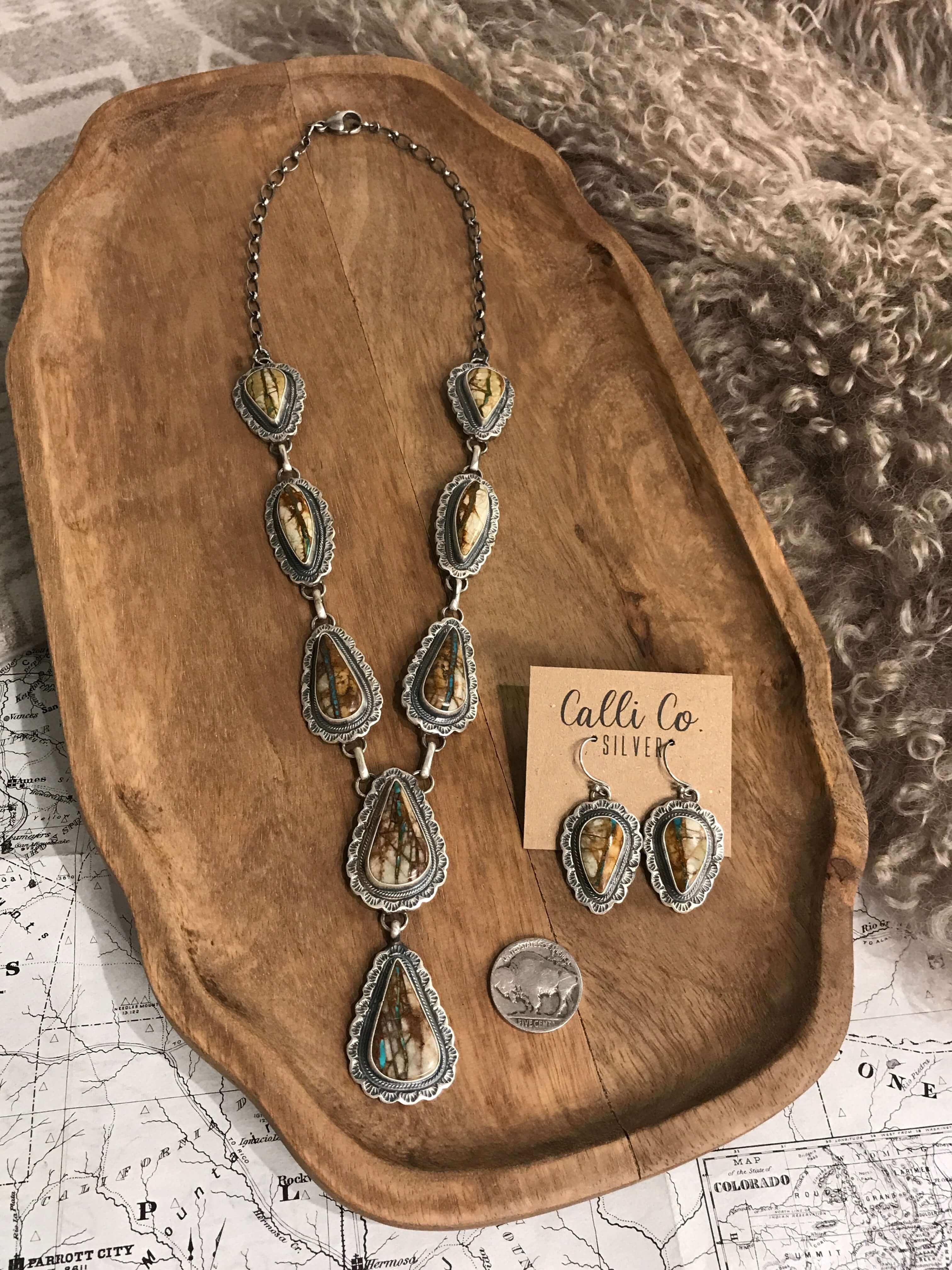 The Gundy Turquoise Lariat Necklace Set-Necklaces-Calli Co., Turquoise and Silver Jewelry, Native American Handmade, Zuni Tribe, Navajo Tribe, Brock Texas