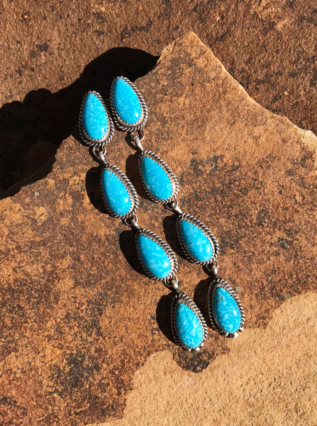 Front View. The 4 Stone Drop Earrings, 10-Earrings-Calli Co., Turquoise and Silver Jewelry, Native American Handmade, Zuni Tribe, Navajo Tribe, Brock Texas