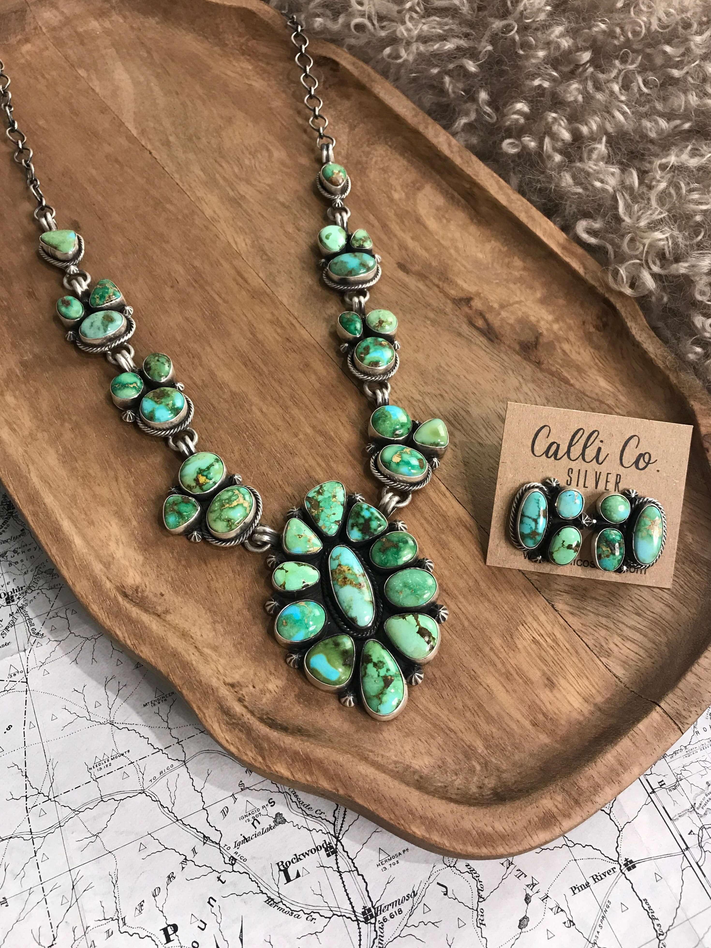 The Lorenzo Turquoise Statement Necklace Set-Necklaces-Calli Co., Turquoise and Silver Jewelry, Native American Handmade, Zuni Tribe, Navajo Tribe, Brock Texas