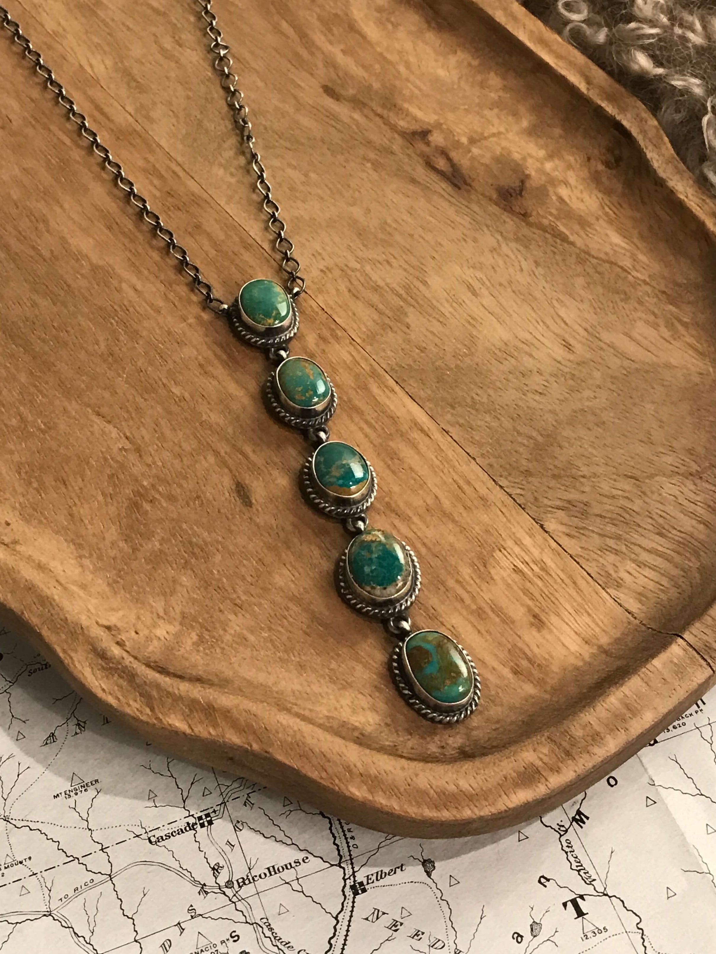 The Arroyo 5 Stone Lariat Necklace, 16-Necklaces-Calli Co., Turquoise and Silver Jewelry, Native American Handmade, Zuni Tribe, Navajo Tribe, Brock Texas