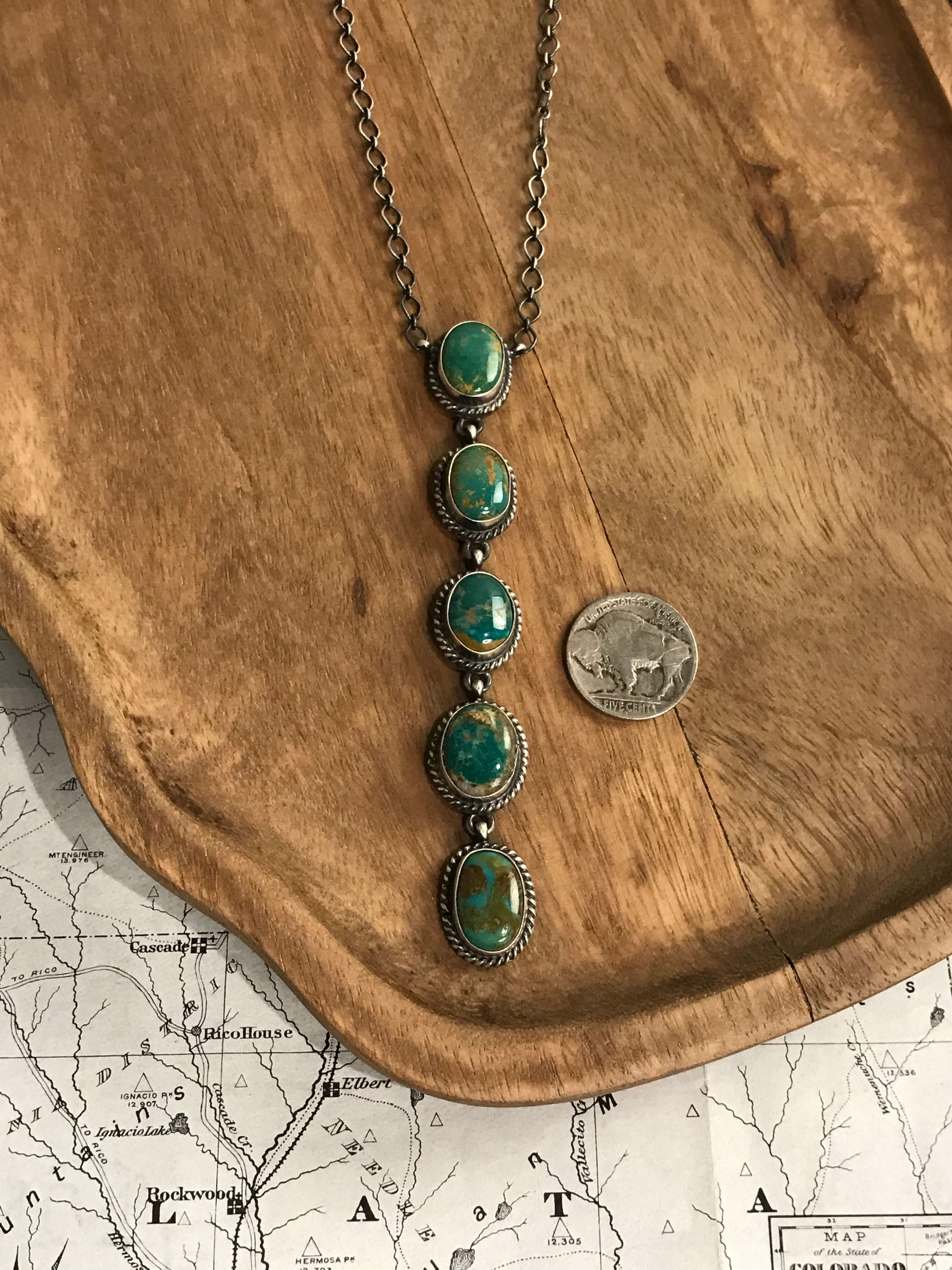 The Arroyo 5 Stone Lariat Necklace, 16-Necklaces-Calli Co., Turquoise and Silver Jewelry, Native American Handmade, Zuni Tribe, Navajo Tribe, Brock Texas