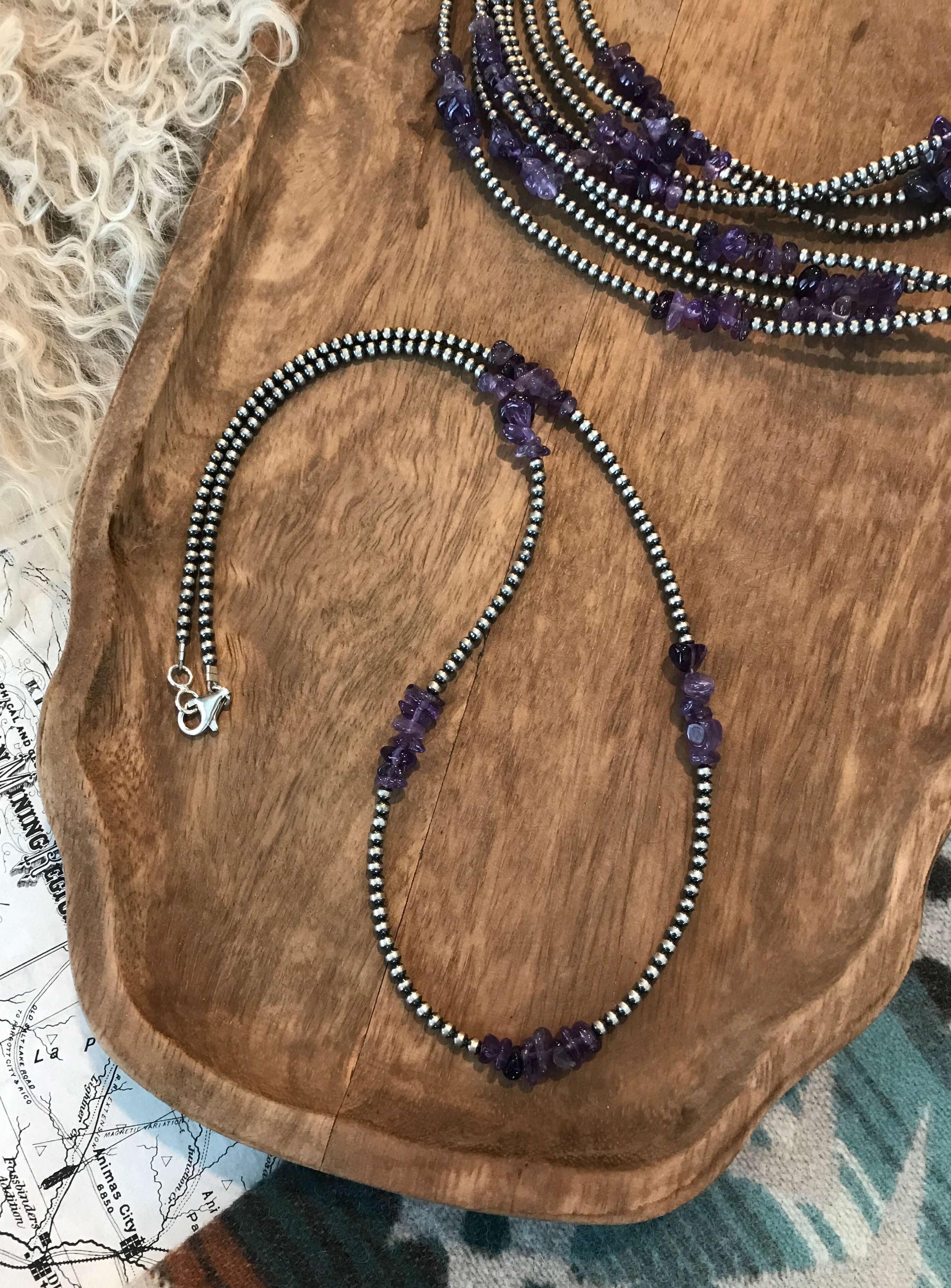 The Klien Necklace in Amethyst, 26”-Necklaces-Calli Co., Turquoise and Silver Jewelry, Native American Handmade, Zuni Tribe, Navajo Tribe, Brock Texas