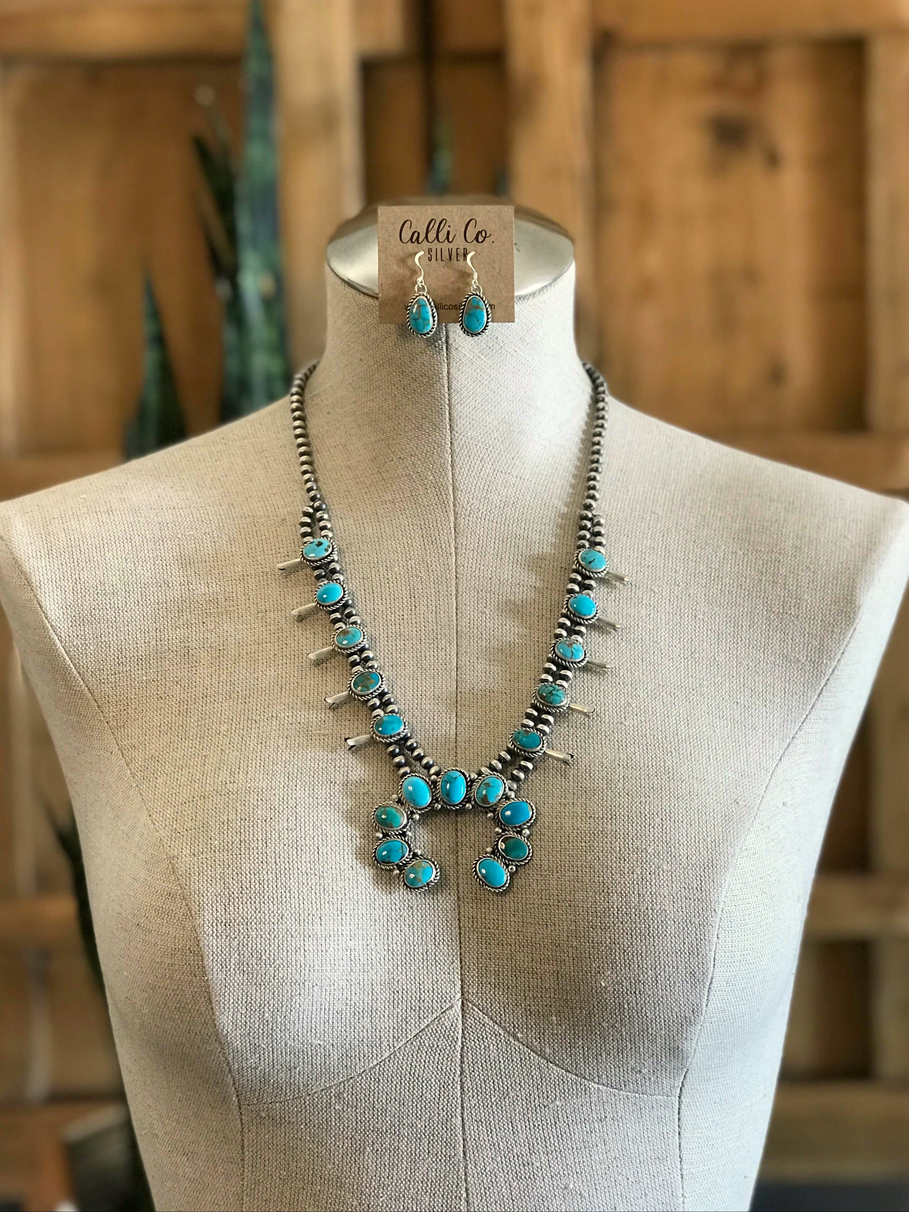 The Dubois Squash Blossom Necklace Set-Necklaces-Calli Co., Turquoise and Silver Jewelry, Native American Handmade, Zuni Tribe, Navajo Tribe, Brock Texas