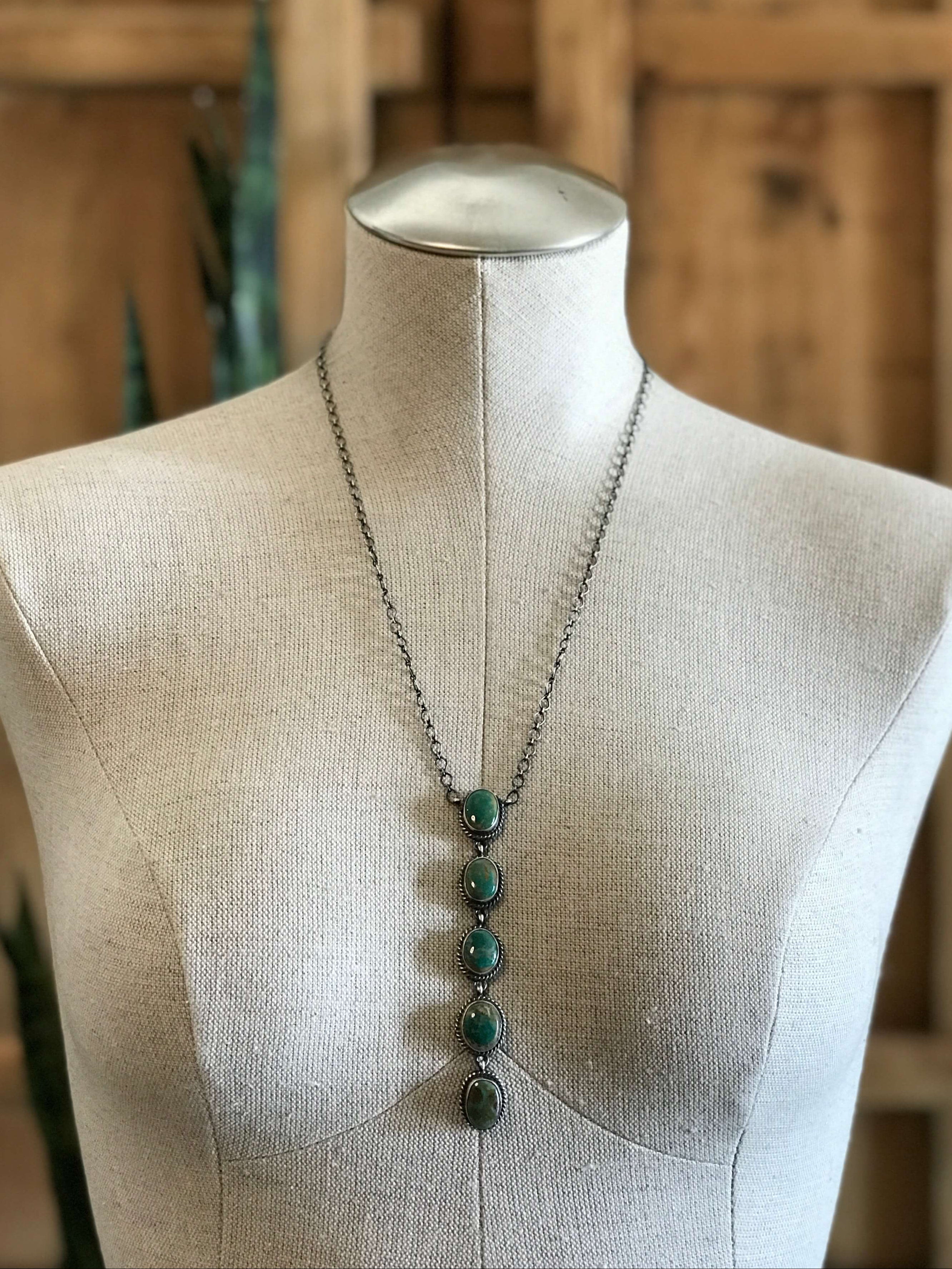 The Arroyo 5 Stone Lariat Necklace, 16-Necklaces-Calli Co., Turquoise and Silver Jewelry, Native American Handmade, Zuni Tribe, Navajo Tribe, Brock Texas