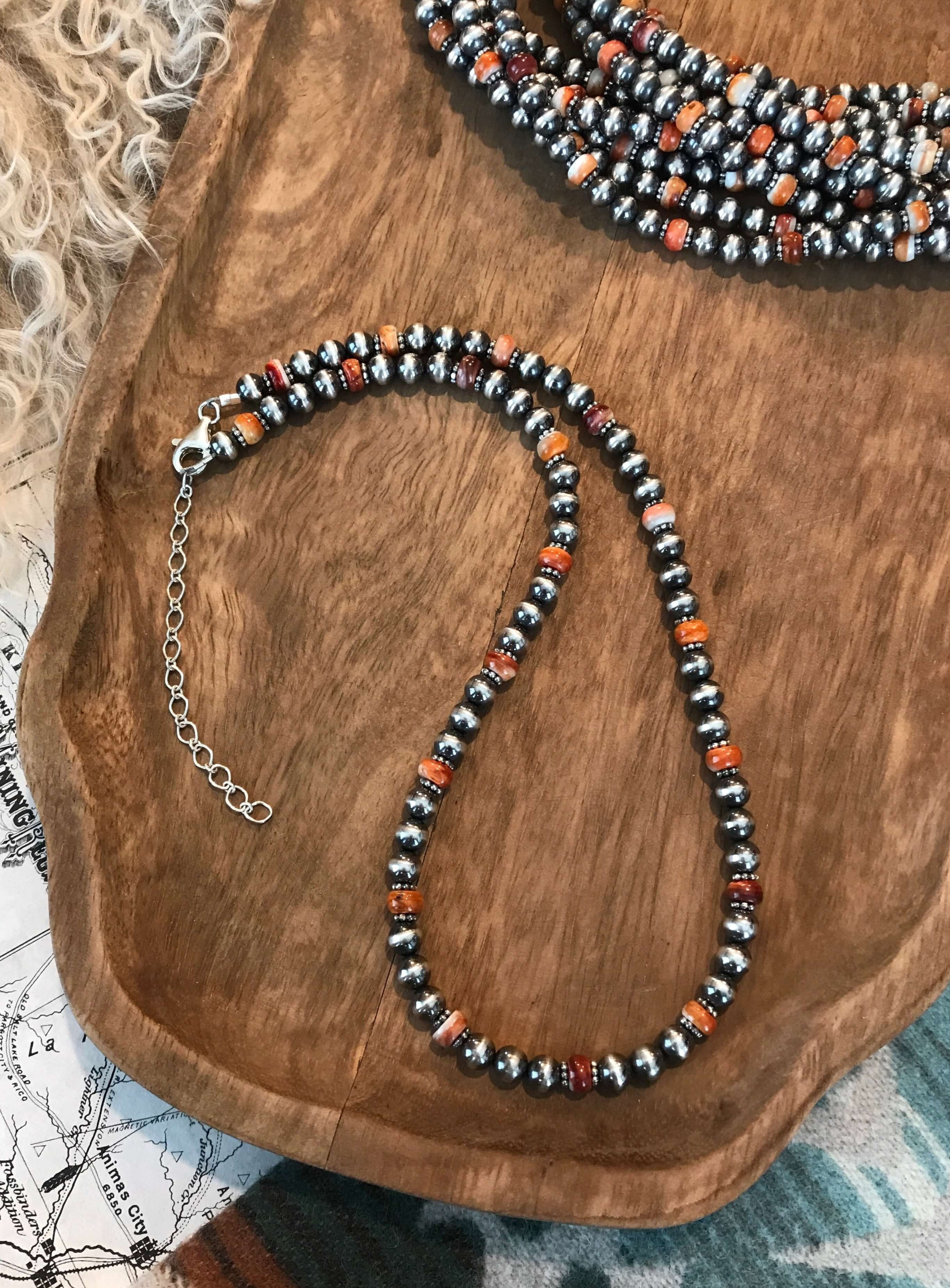 The Teigen Necklace in Orange Spiny, 21"-Necklaces-Calli Co., Turquoise and Silver Jewelry, Native American Handmade, Zuni Tribe, Navajo Tribe, Brock Texas