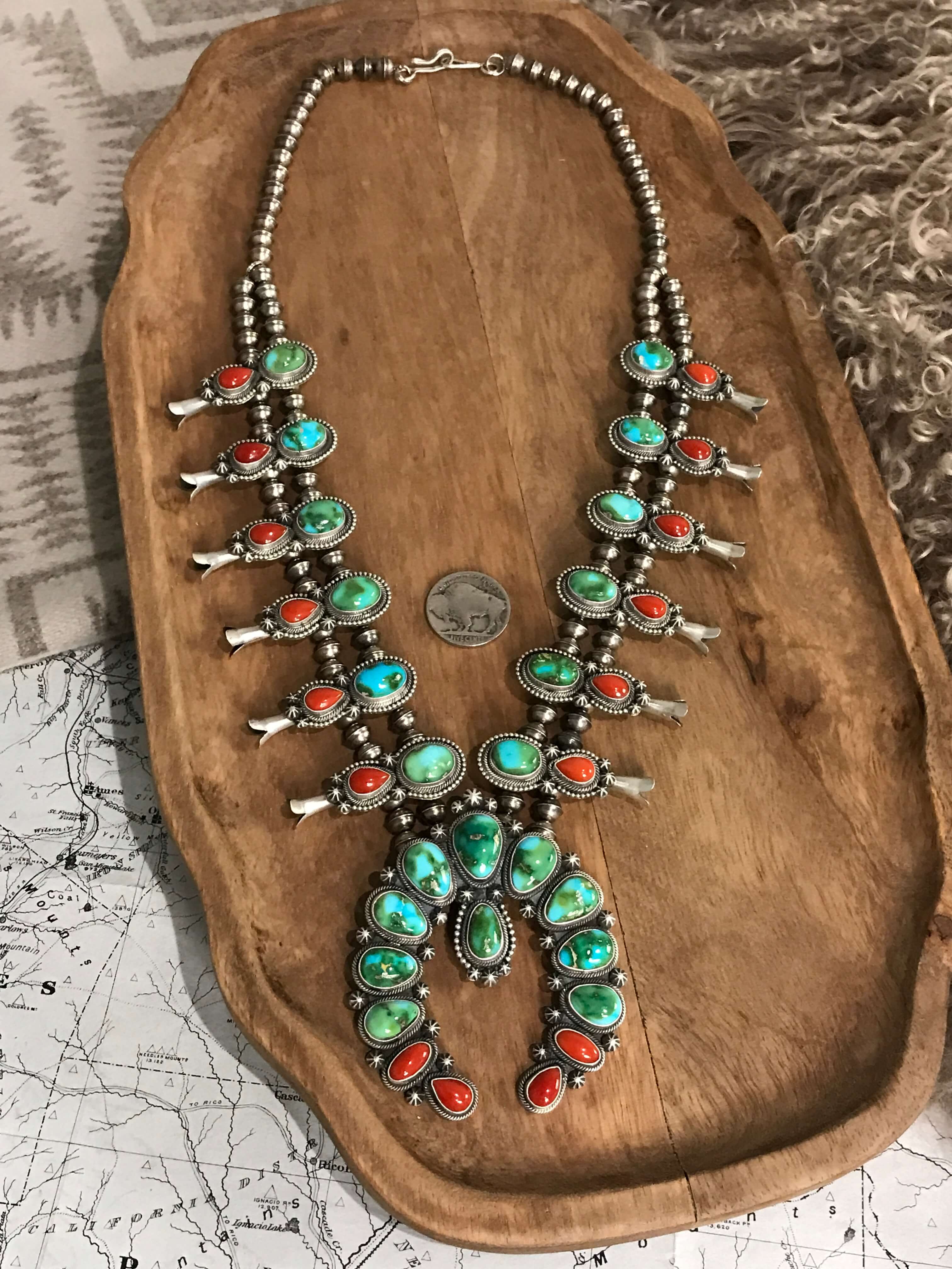 The Rockefeller Squash Blossom Necklace Set-Necklaces-Calli Co., Turquoise and Silver Jewelry, Native American Handmade, Zuni Tribe, Navajo Tribe, Brock Texas
