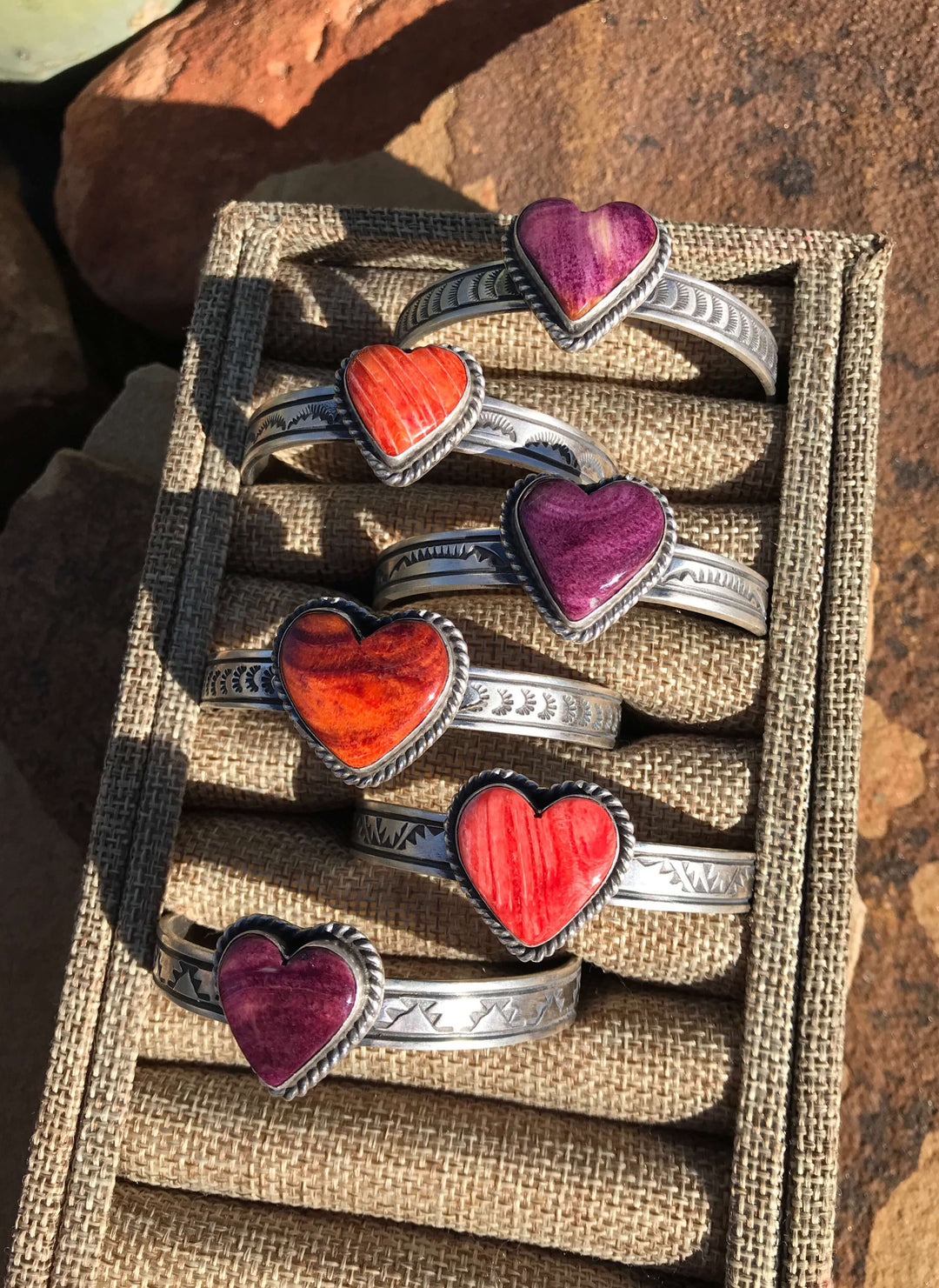 Front View. The Spiny Heart Cuffs-Bracelets & Cuffs-Calli Co., Turquoise and Silver Jewelry, Native American Handmade, Zuni Tribe, Navajo Tribe, Brock Texas