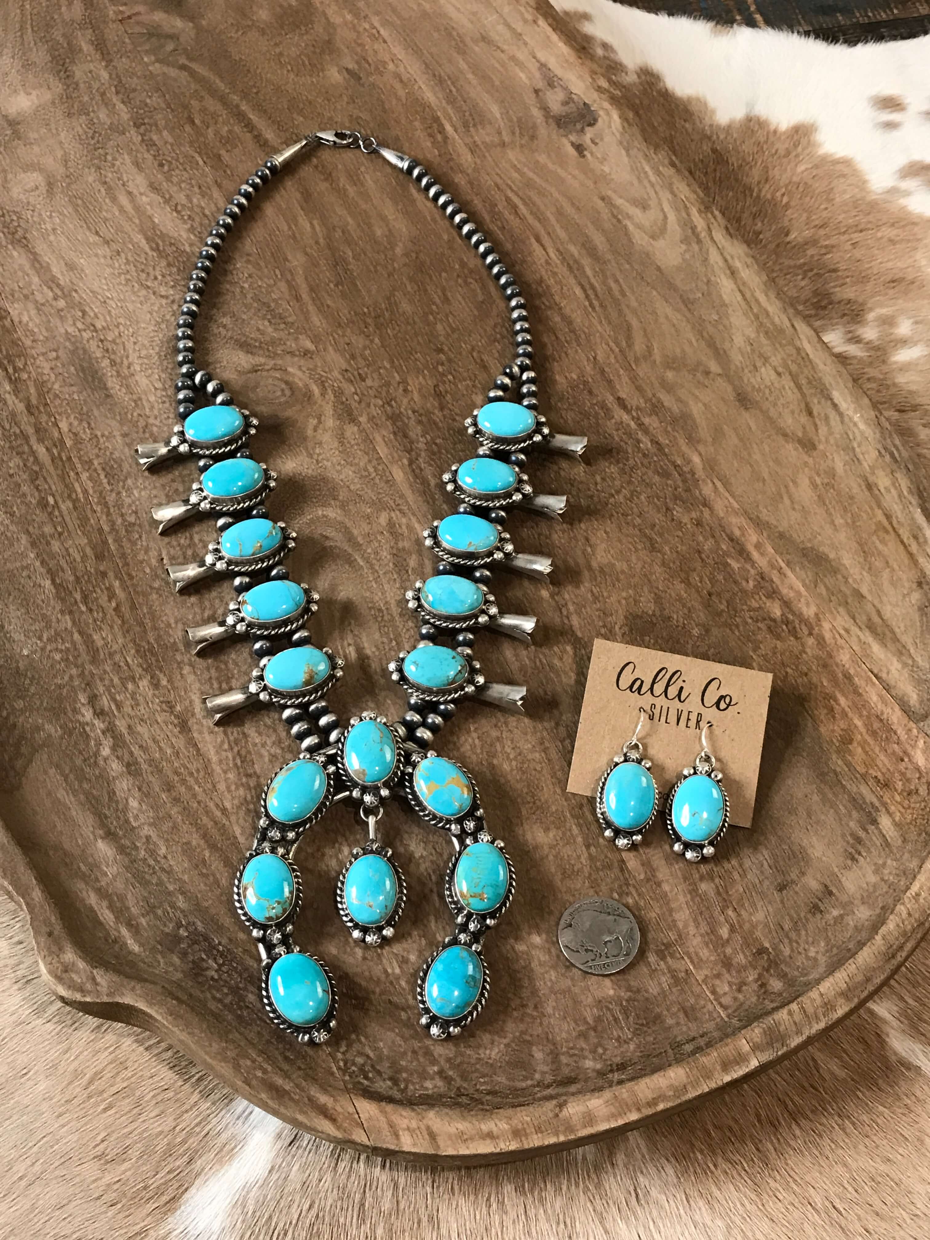 The Solstice Squash Blossom Necklace Set-Necklaces-Calli Co., Turquoise and Silver Jewelry, Native American Handmade, Zuni Tribe, Navajo Tribe, Brock Texas