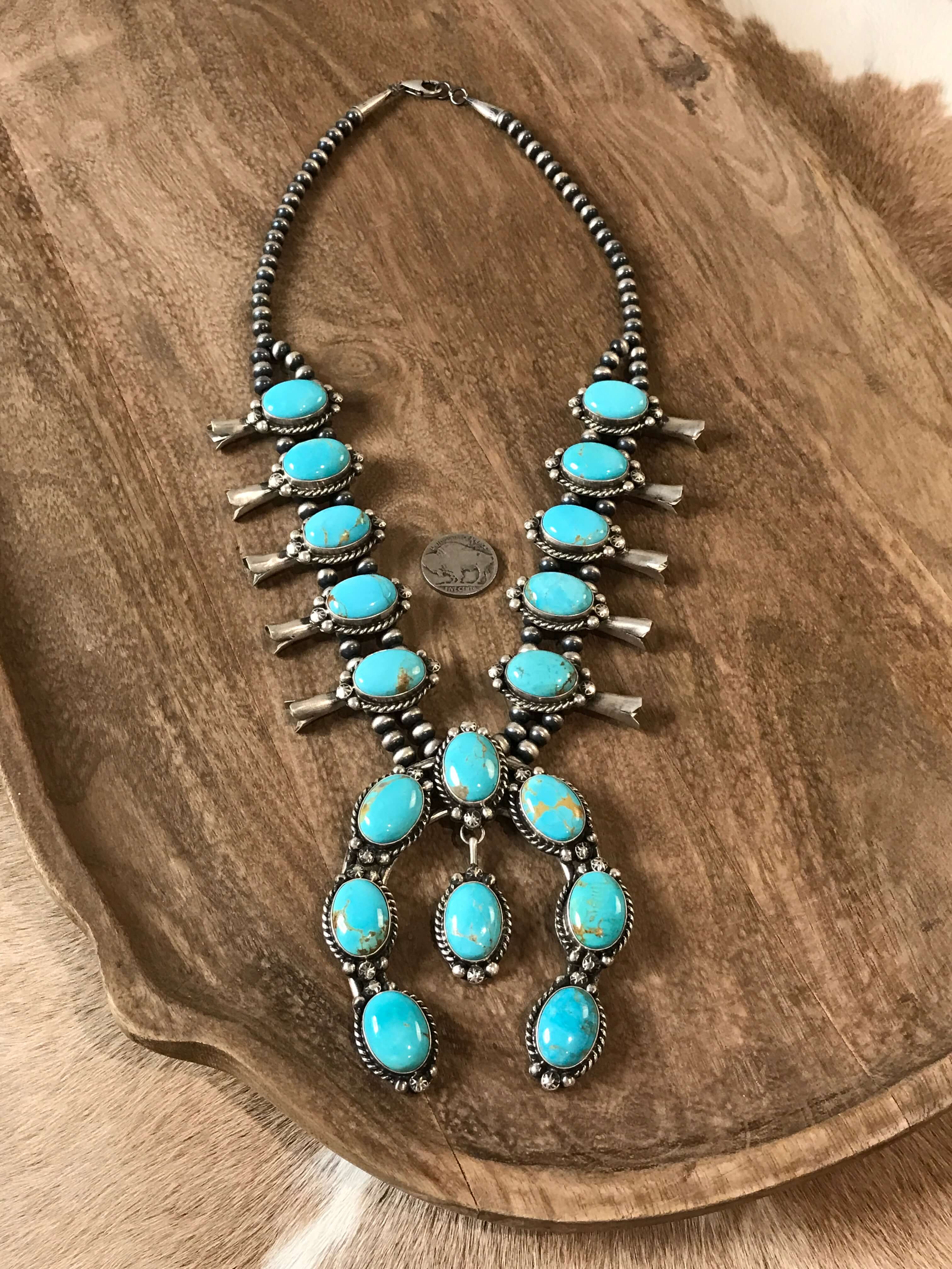 The Solstice Squash Blossom Necklace Set-Necklaces-Calli Co., Turquoise and Silver Jewelry, Native American Handmade, Zuni Tribe, Navajo Tribe, Brock Texas